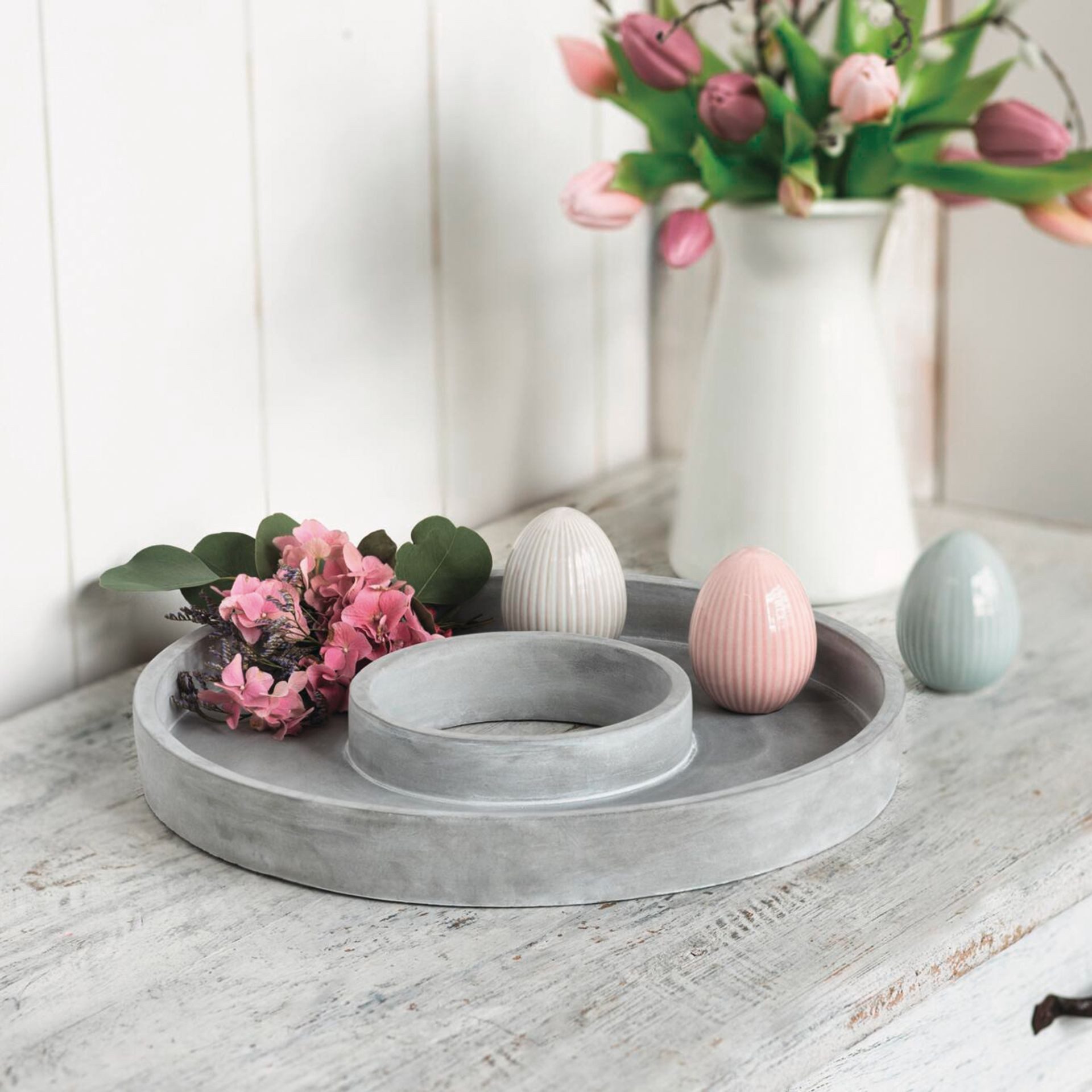 Dekoleidenschaft Dekokranz Dekoring "Grey" Zement, Beton Optik weiß Ø 35 cm, Betonring, Dekokranz, Tischkranz zum Dekorieren, Kerzentablett