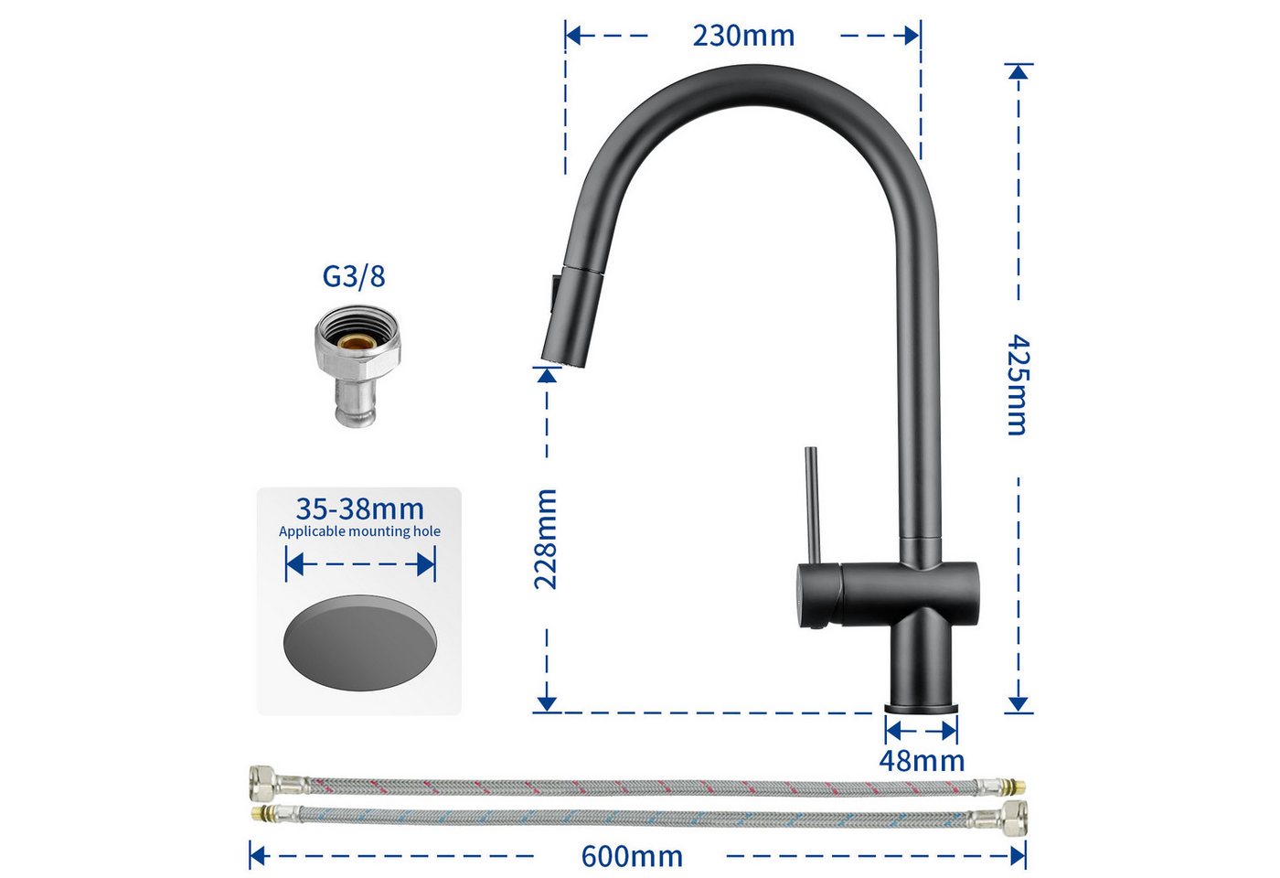 Thumbnail - CECIPA MAX Küchenarmatur mit 2 Funktionen, um 360° drehbar, schwarze Spültischarmatur (Küchenarmaturen, 1-St., Hochdruck...