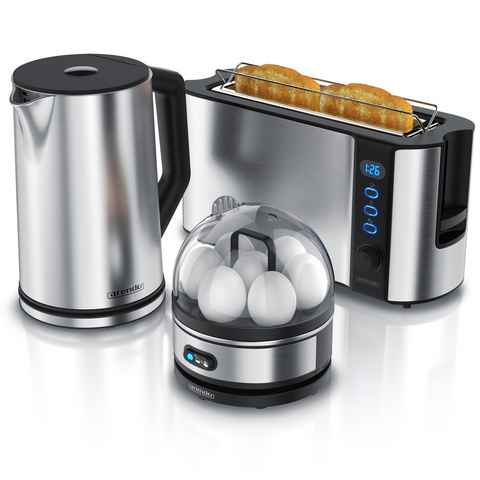 Arendo Frühstücks-Set (3-tlg), Wasserkocher 1,5l, 2-Scheiben Toaster, 7er Eierkocher, Silber