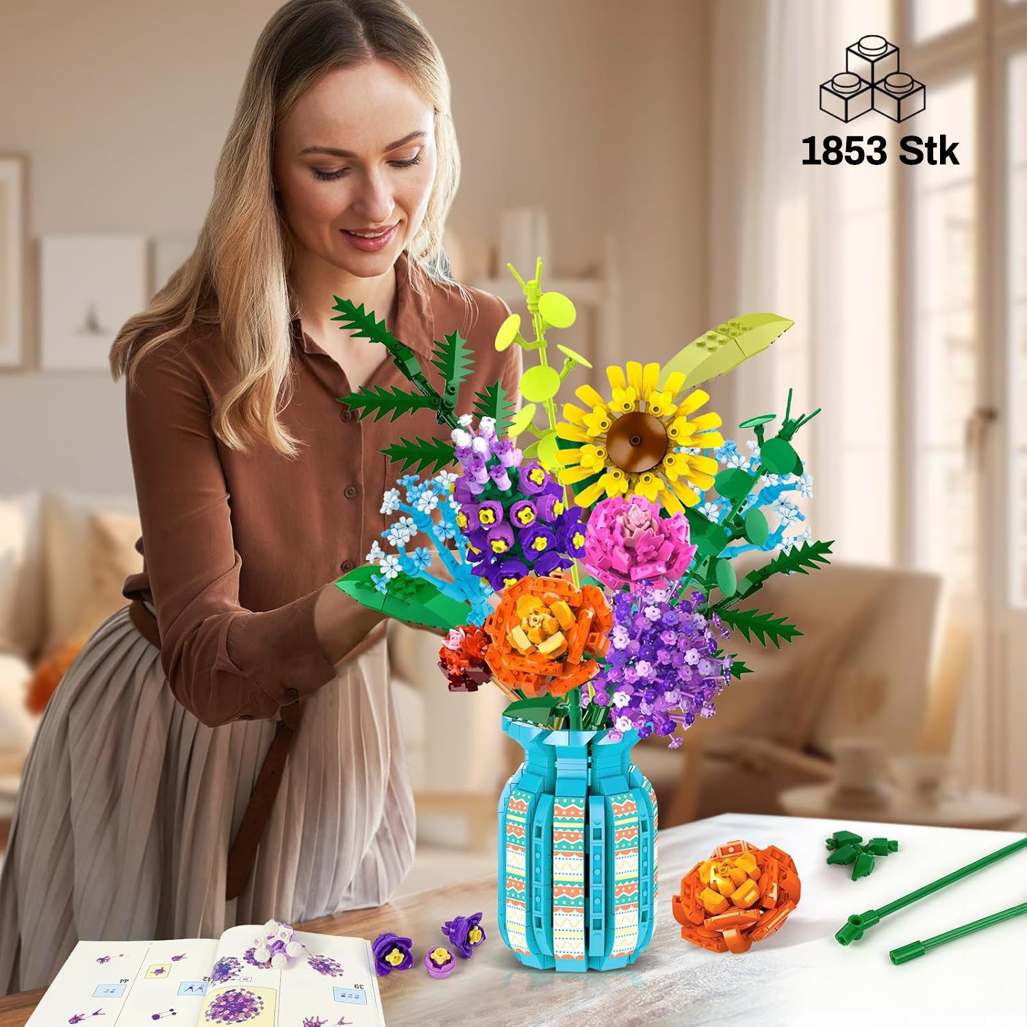 Esun Blume Bausteine für Erwachsene, Bauspielzeug, Blumenstrauß Spielzeug Spielbausteine, (SET, 1853 St., Komplettset), Valentinstag Frauen Kinder Jungen Mädchen 1853 St.