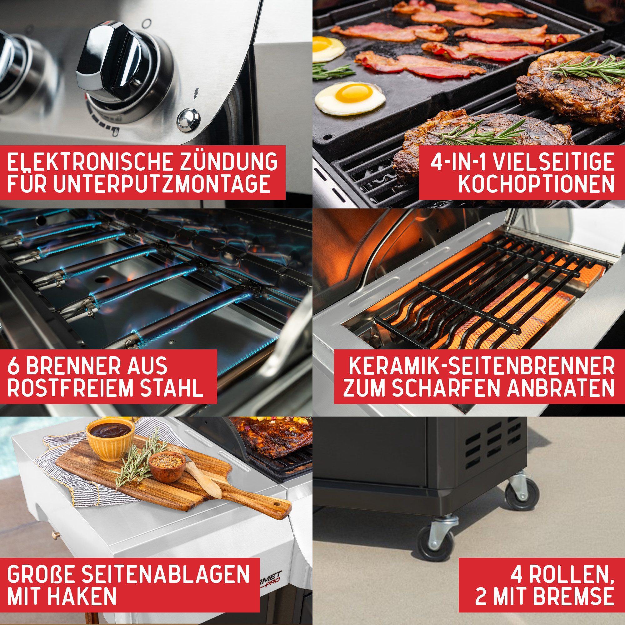 nexgrill Gasgrill 6B Gourmet Pro 6 + 1 Brenner, Keramik-Seitenbrenner & Gusseisen Plancha, 22KW, Griddle Max, Grillwagen, Aufbaumaß: 152x57x121 cm