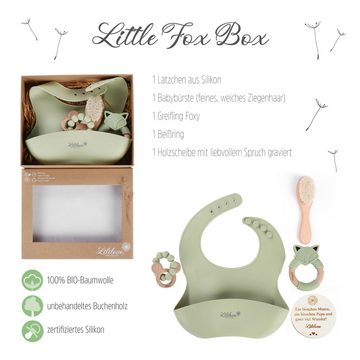 Lililove Geschenkset Neugeborenen-Geschenkset Little Fox Box, mint (Baby Geschenkset, Giftset, 5-teilig, Lätzchen: 22,3 x 30cm, Babybürste: 15x 4cm, Holzscheibe: 10cm) Geschenk-Box, 5-teilig, nachhaltig, pflegeleicht, BPA free