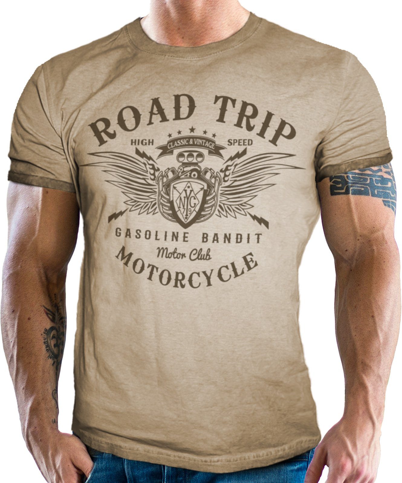 GASOLINE BANDIT® T-Shirt in Washed Racer: Road Biker, Sand Optik Trip für