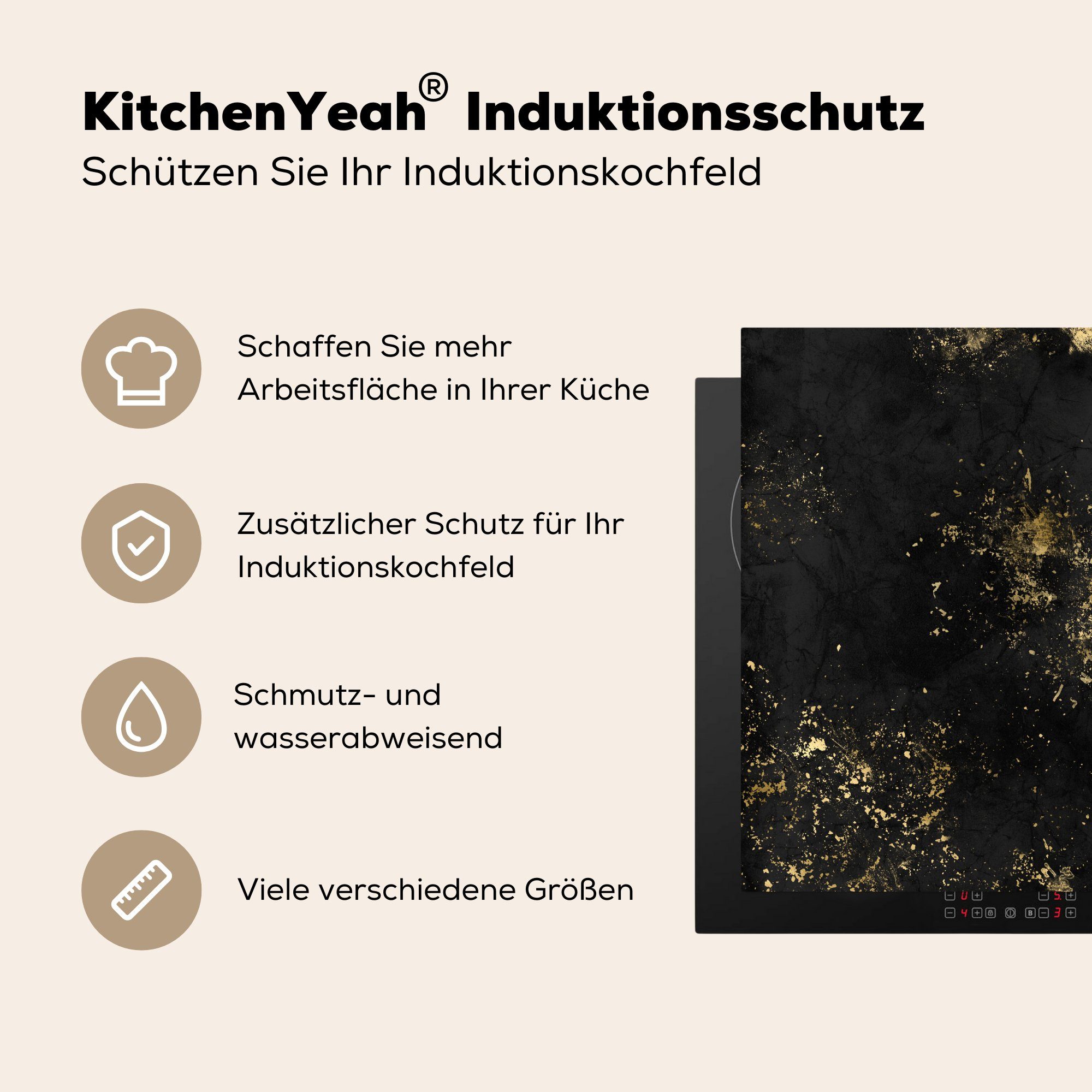 Gold Ceranfeldabdeckung, (1 - Arbeitsplatte küche cm, MuchoWow Schwarz für Vinyl, Herdblende-/Abdeckplatte Abstrakt, tlg), - 78x78