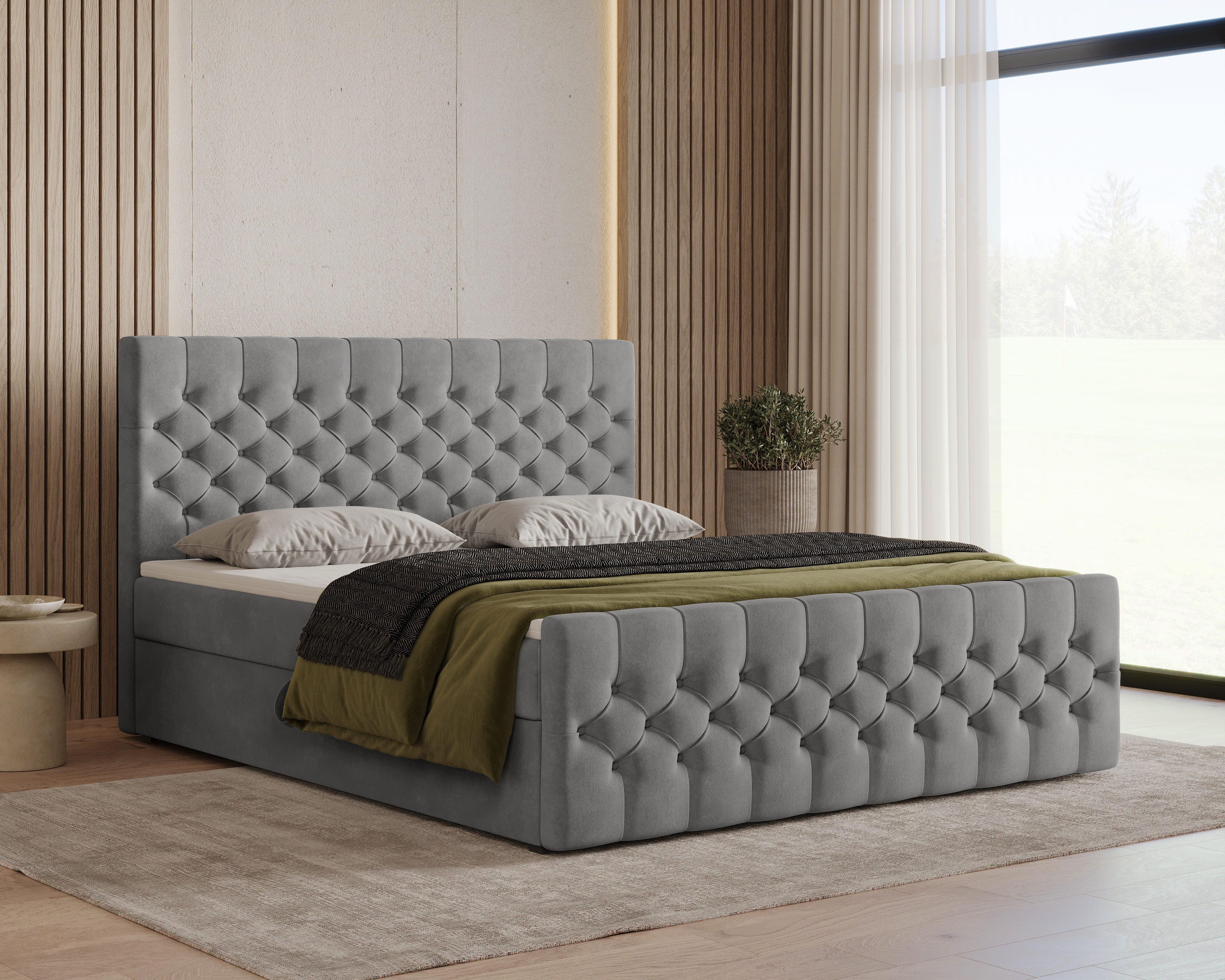 MOEBLO Boxspringbett Bett 12 (Luxusbett im Chesterfield-Design, 160x200 cm, Velours-Bezug, Hoher Schlafkomfort, modernes Velours-Design mit Steppung Polsterbett Kontinentalbett, dekorativem Kopfteil, aus Samt, Boxspringbett inklusive Topper und Bettkasten), (BxHxT):144/164/184x113x223 cm
