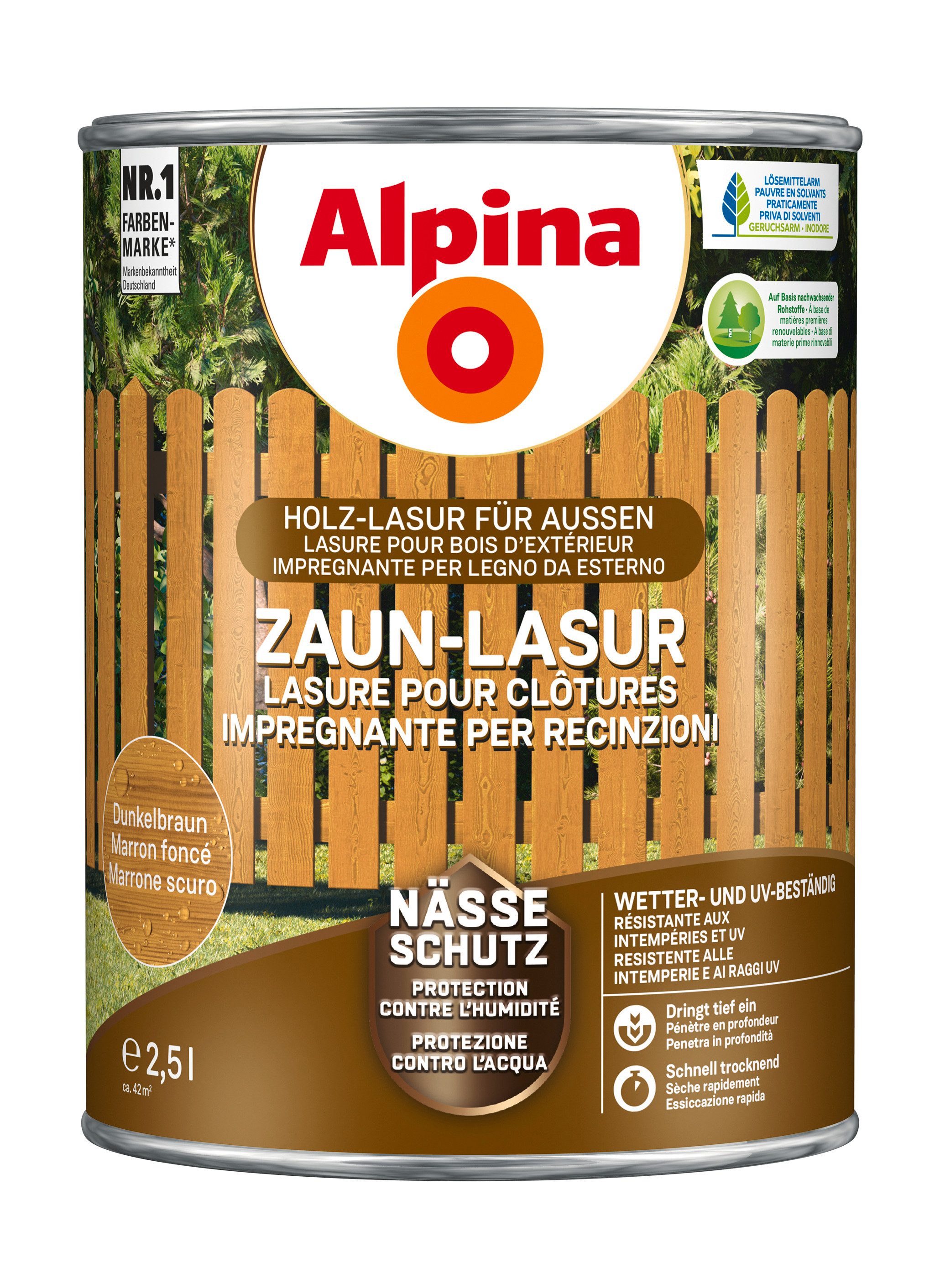 Alpina Lasur Zaun-Lasur Dunkelbraun 2,5 Liter seidenmatt