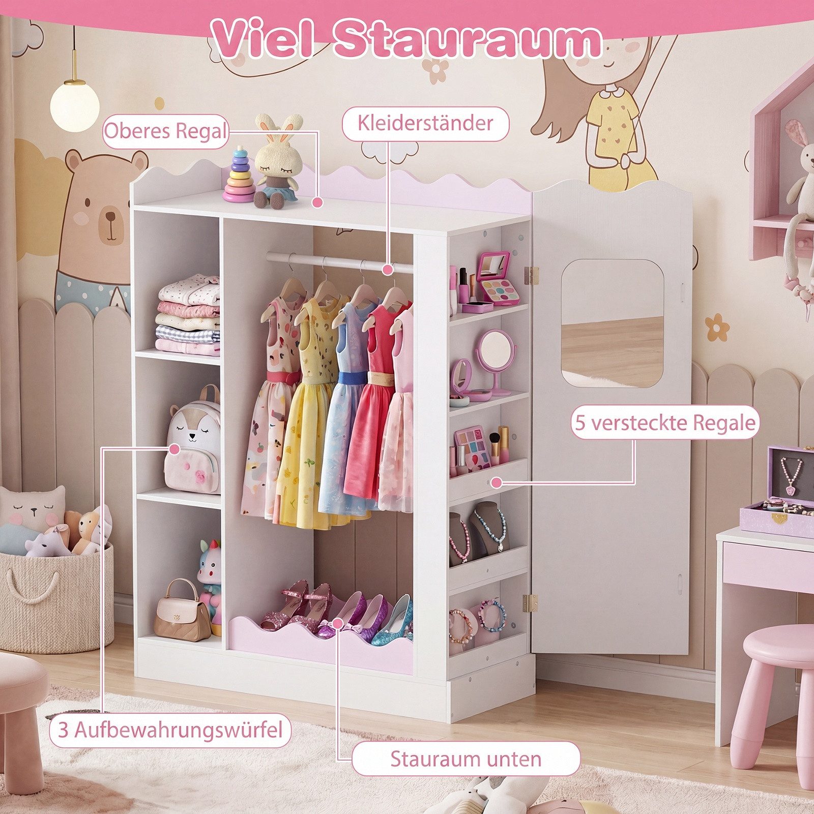 COSTWAY Kinderkleiderschrank mit 2 Spiegeln, offener Kleiderstange, Regalen – Bild 3 von 5