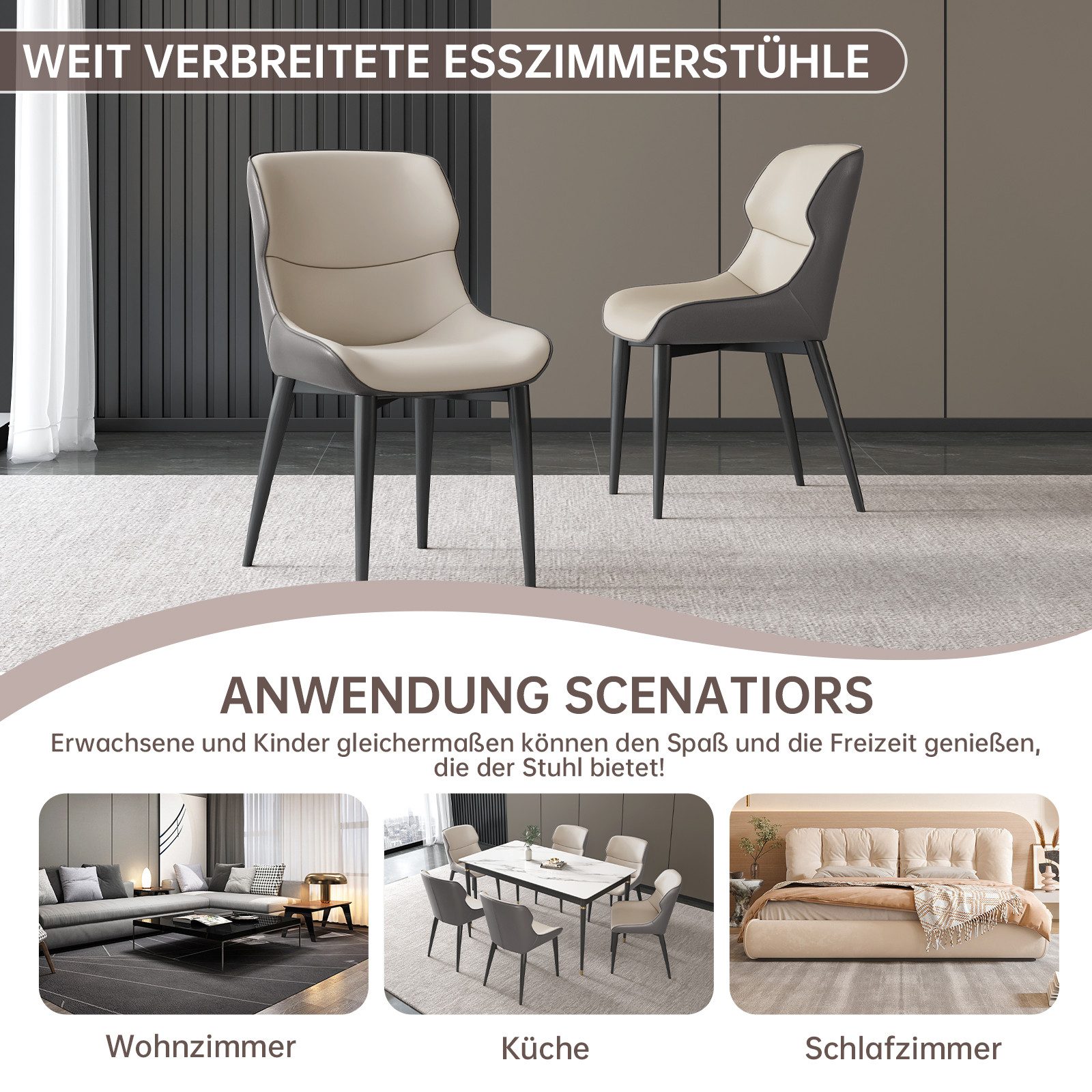 Guyii Esszimmerstuhl aus PU-Leder (2er-Set) – Ergonomisches skandinavisches Design (2 St), Metallbeine
