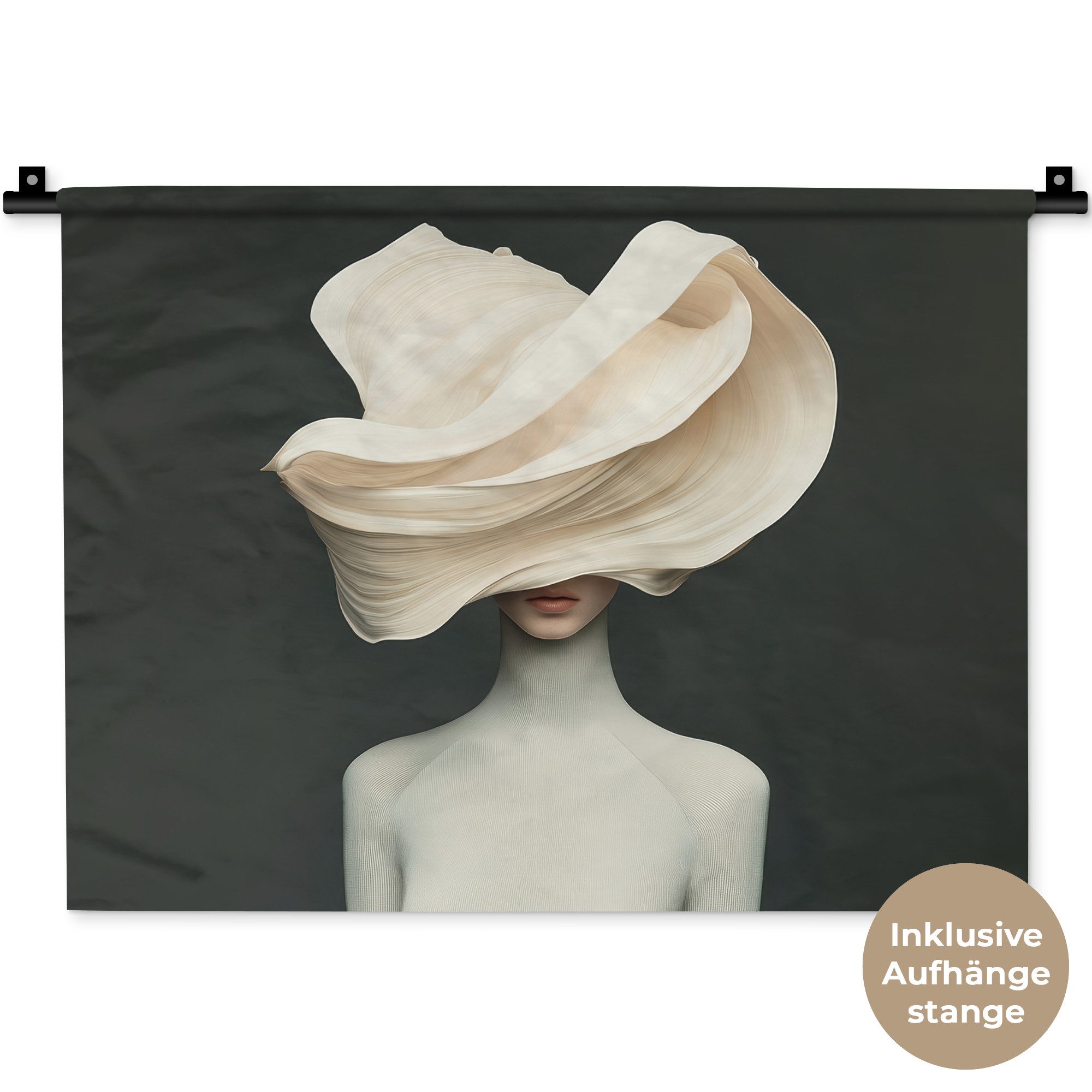 MuchoWow Wandteppich Frau - Beige - Hut, Rechteckig, Höhe: 3 mm, Wanddeko Teppich Wohnzimmer, Schlafzimmer, 60x45 cm