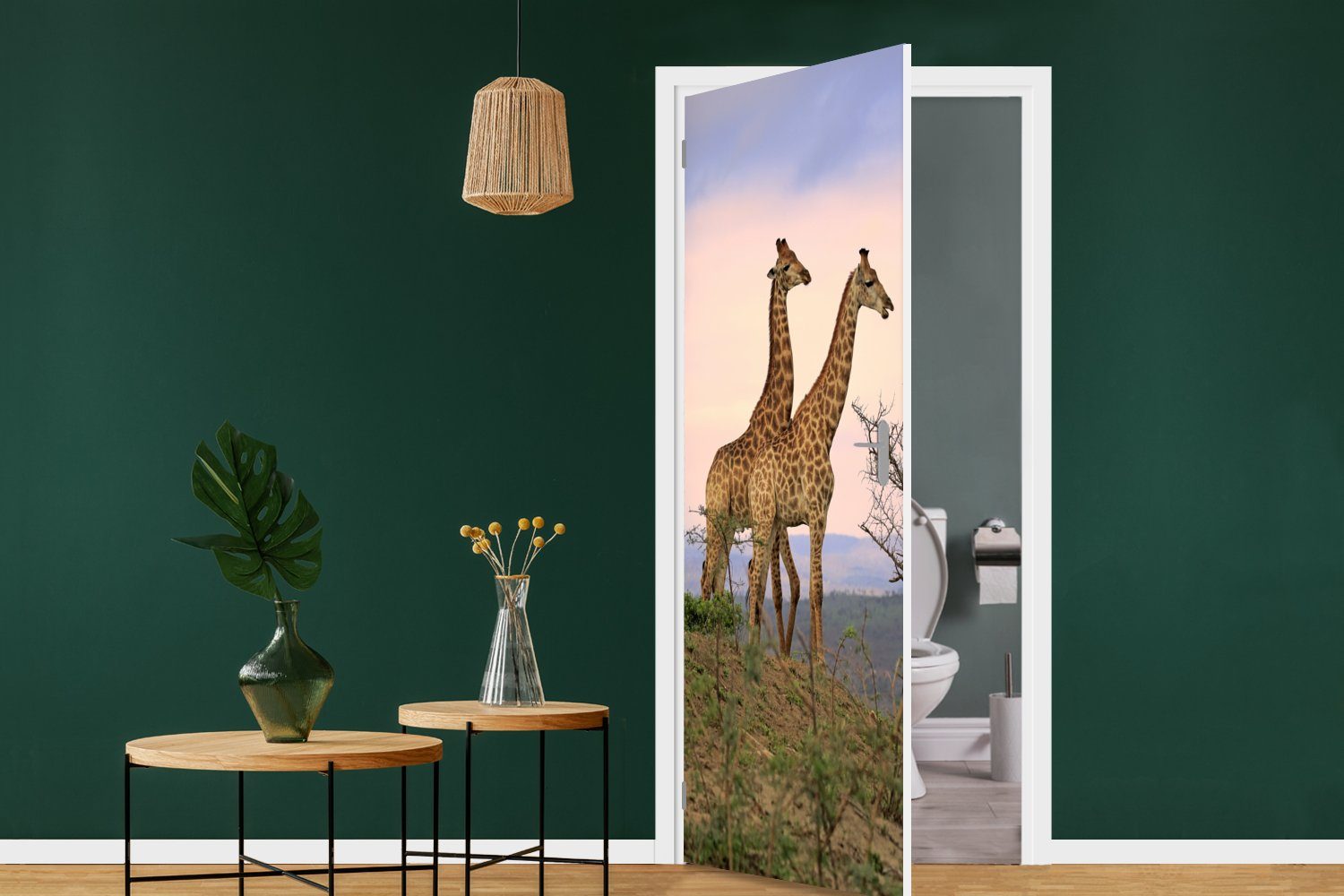 Giraffen 75x205 Tür, - bedruckt, cm Fototapete St), Türtapete (1 Himmel Landschaft, - MuchoWow Matt, für Türaufkleber,