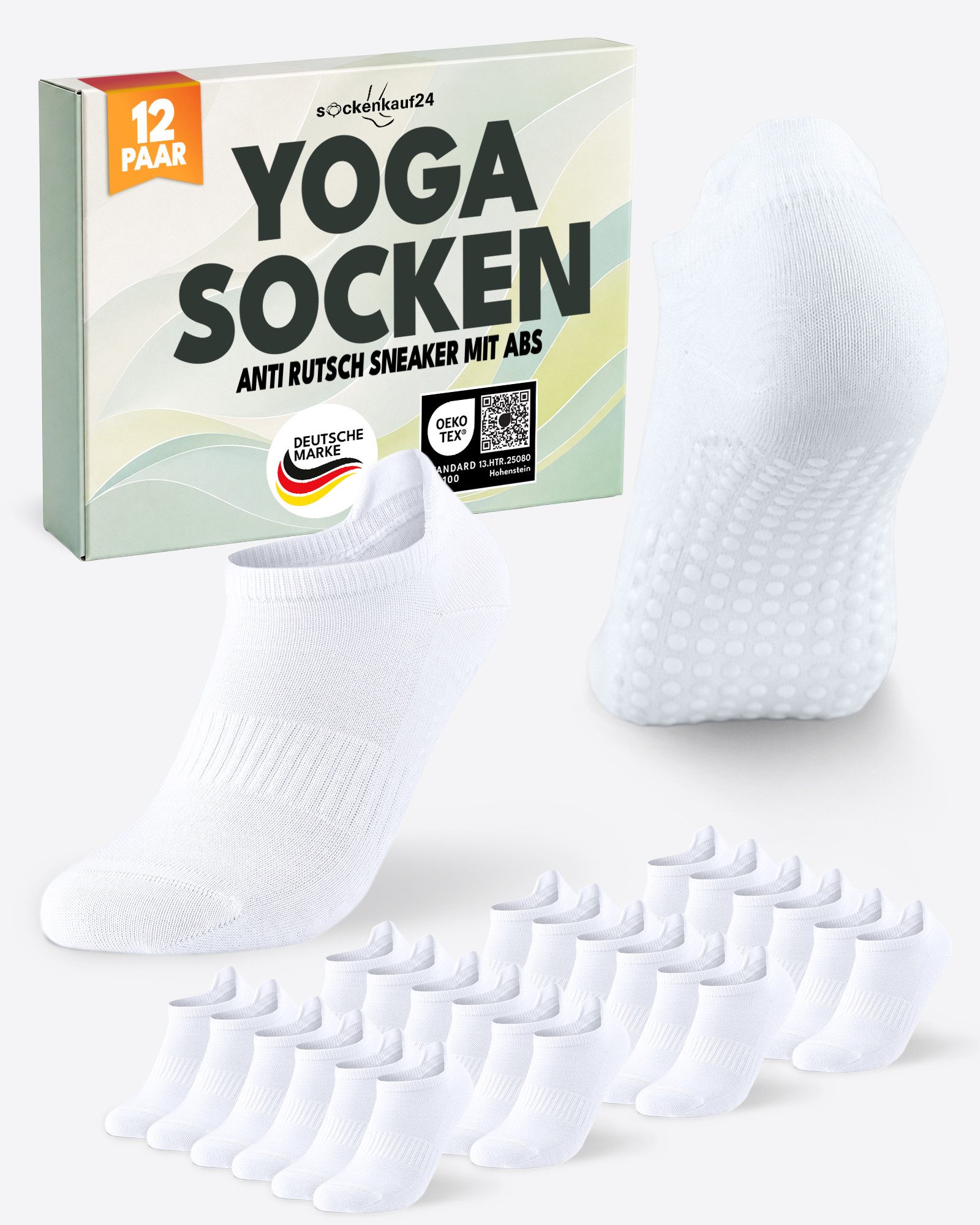 sockenkauf24 Sportsocken Pilates/Yoga Sneaker Socken Kurz mit ABS Sohle und Fersenlasche (12-Paar) mit rutschhemmenden ABS-Noppen