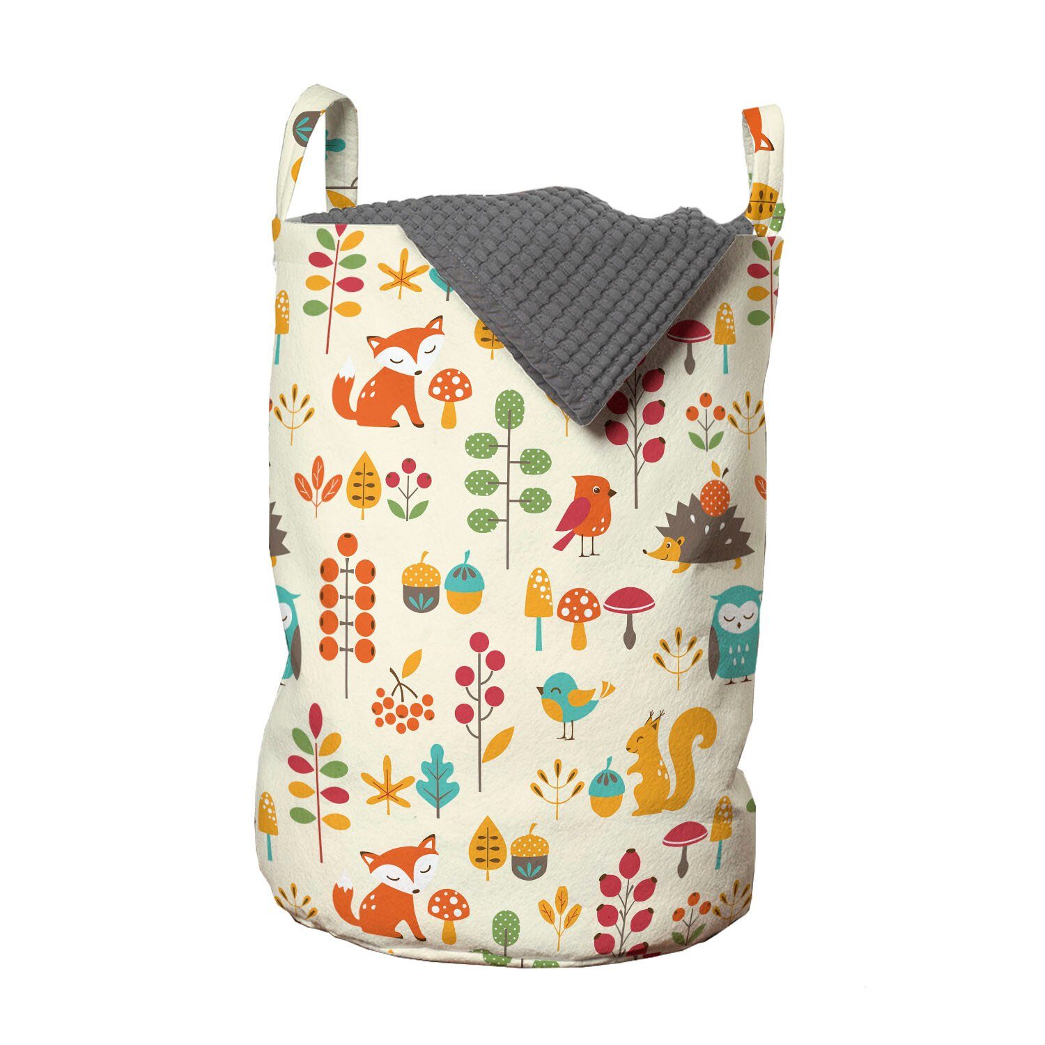 Abakuhaus Wäschesäckchen Wäschekorb mit Griffen Kordelzugverschluss für Waschsalons, Kinder Owl Fox-Eichhörnchen Vögel