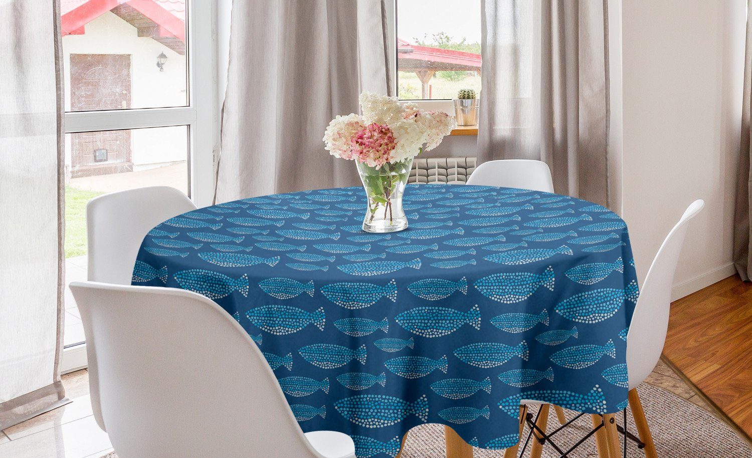 Tischdecke getönte Dekoration, Tischdecke Küche Esszimmer Blau Fisch Kreis Abdeckung Wasserleben Motiv für Abakuhaus