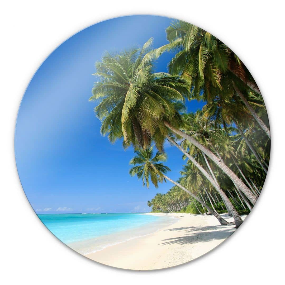 K&L Wall Art Glasbild Glas Wandbild Rund Glasbild Strandurlaub Palmen Paradies Insel, Wandschutz Deko Bilder