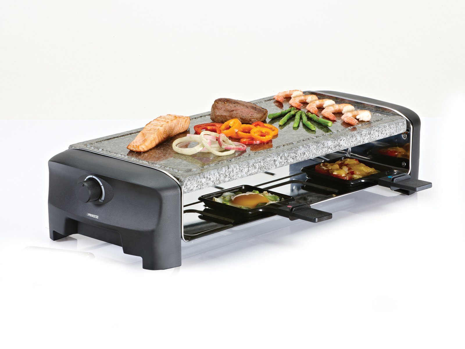 PRINCESS Raclette, 8 Raclettepfännchen, 1300 W, Stonegrillparty Tischgrill 2-8 Personen Gerät heißer Stein-Platte