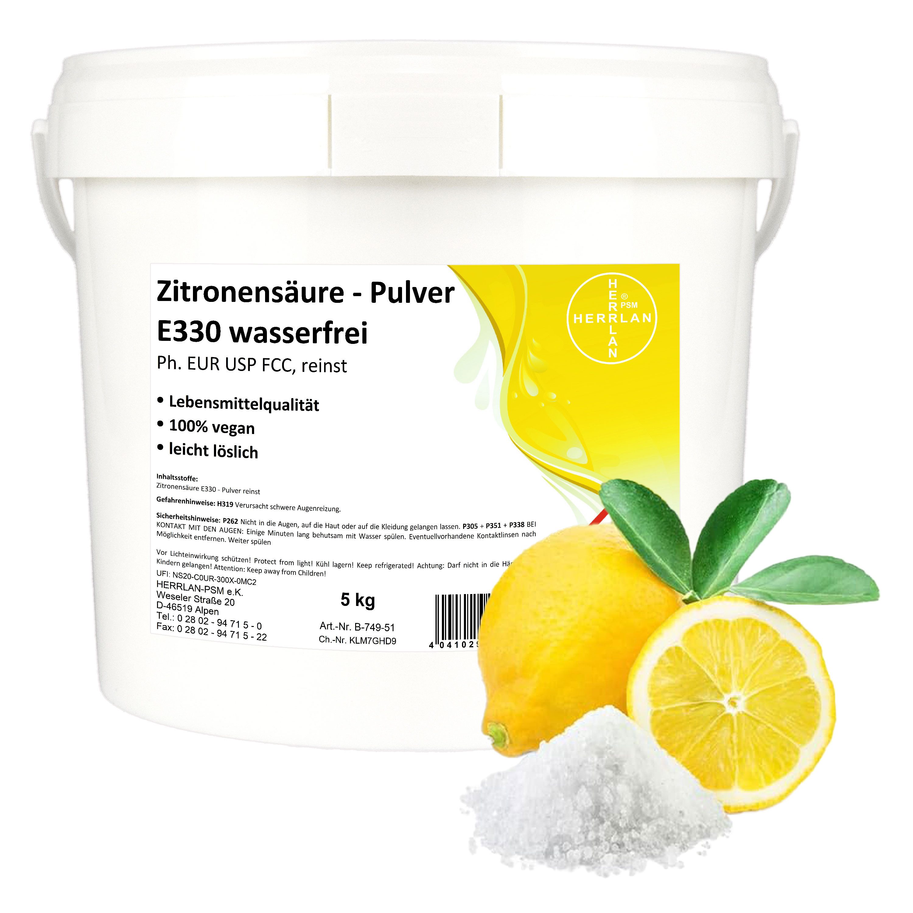 HERRLAN Zitronensäure - Pulver in Lebensmittelqualität (E330) Entkalker (und Reinigungsmittel, [- 5 kg Für Limonaden, Fruchtsäfte und zum Backen I HERRLAN-Qualität)