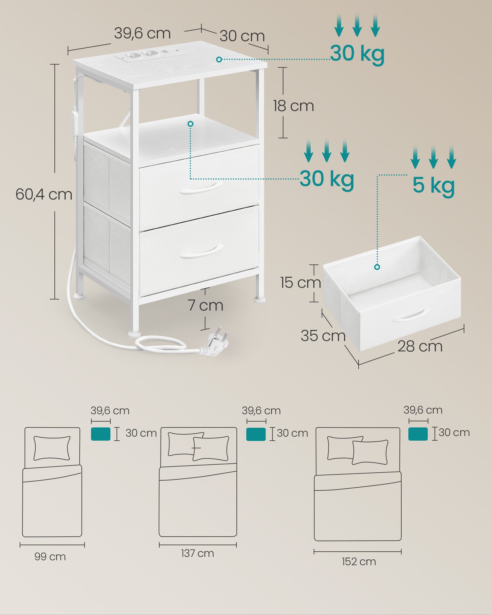 SONGMICS Nachttisch Beistelltisch 1/2er Set Nachtschrank mit LED und Ladefunktion, 39,6 x 30 x 60,4 cm, mit Steckdose – Bild 5 von 5