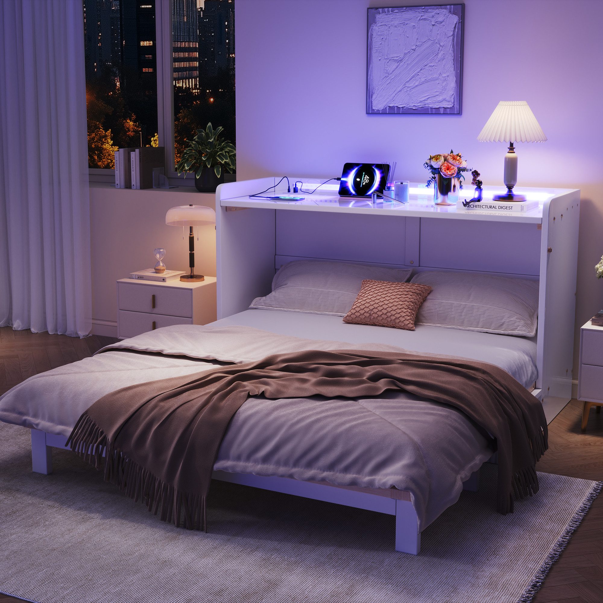 TavilaEcon Schrankbett mit USB, Steckdose, LED-Lichtleiste und Hochglanzplatte (1-St) Ohne Matratze, 140 x 200cm, weiß