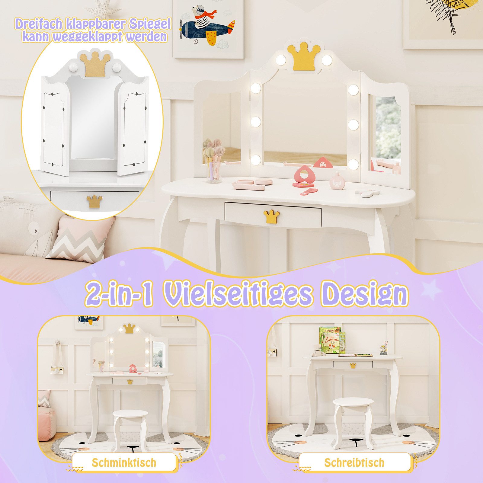 COSTWAY Schminktisch Kinderschminktisch mit Hocker, mit LED Beleuchtung günstig online kaufen
