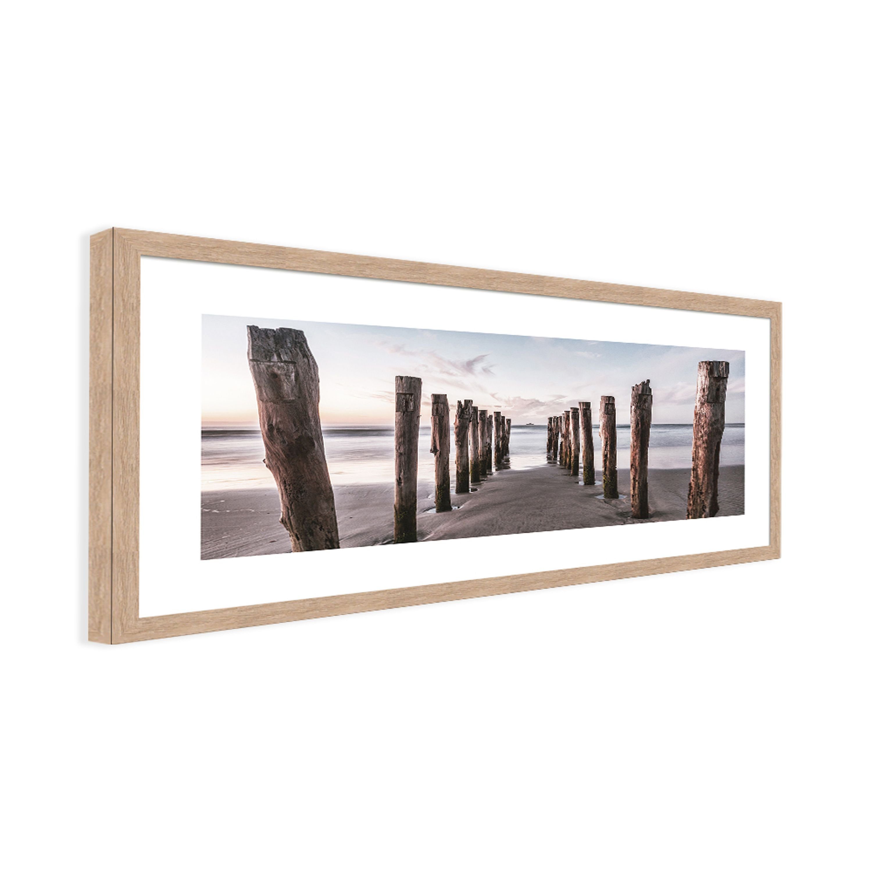 Rahmen Strand-Landschaft: Rahmen mit mit Wellenbrecher Bild Wandbild Strand, Design-Poster länglich artissimo gerahmt 71x30cm Bild