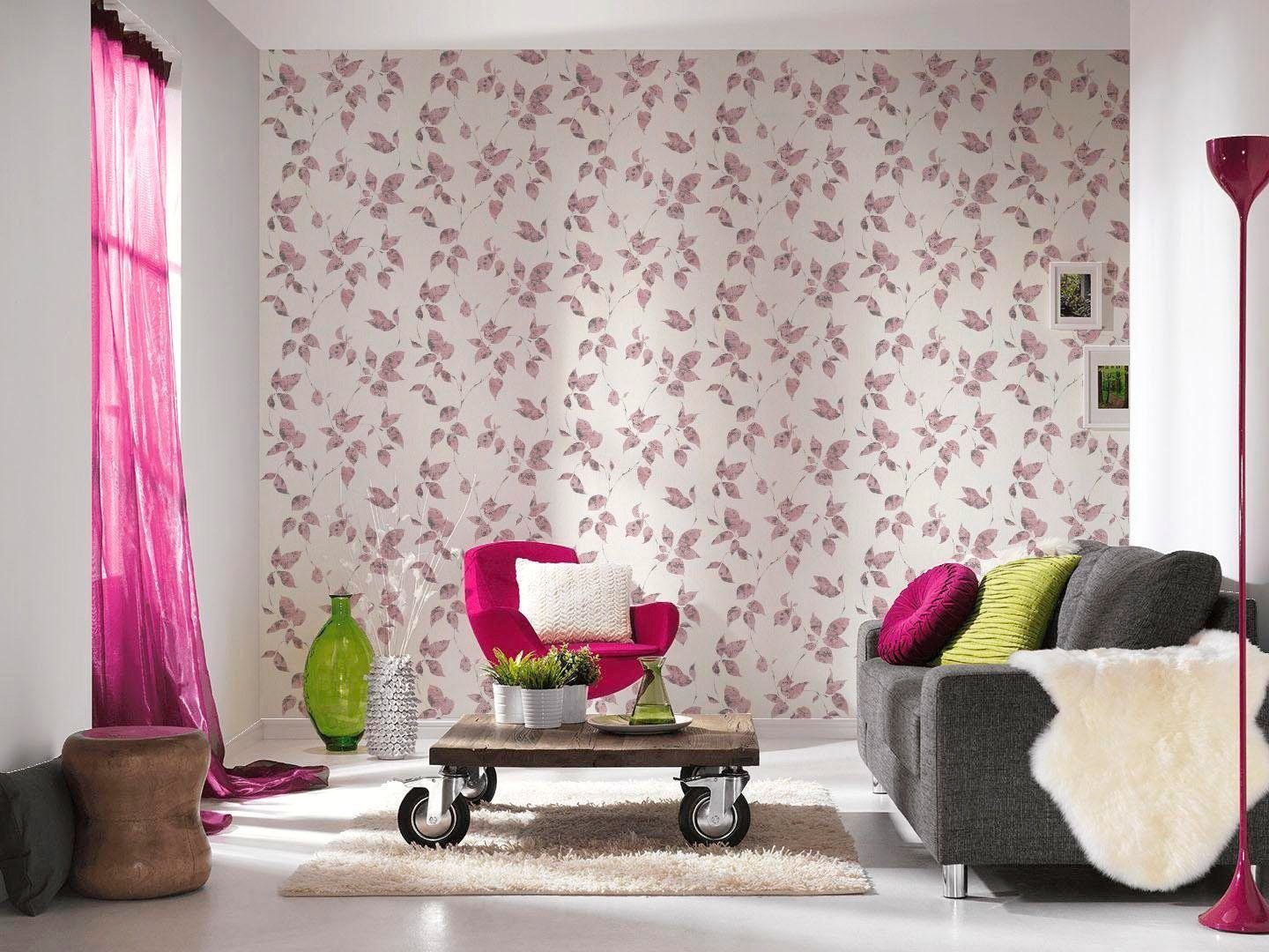 Landhaus geblümt, Vliestapete rosa/grau/weiß walls Création floral, Tapete living Flavour, Blumen A.S.