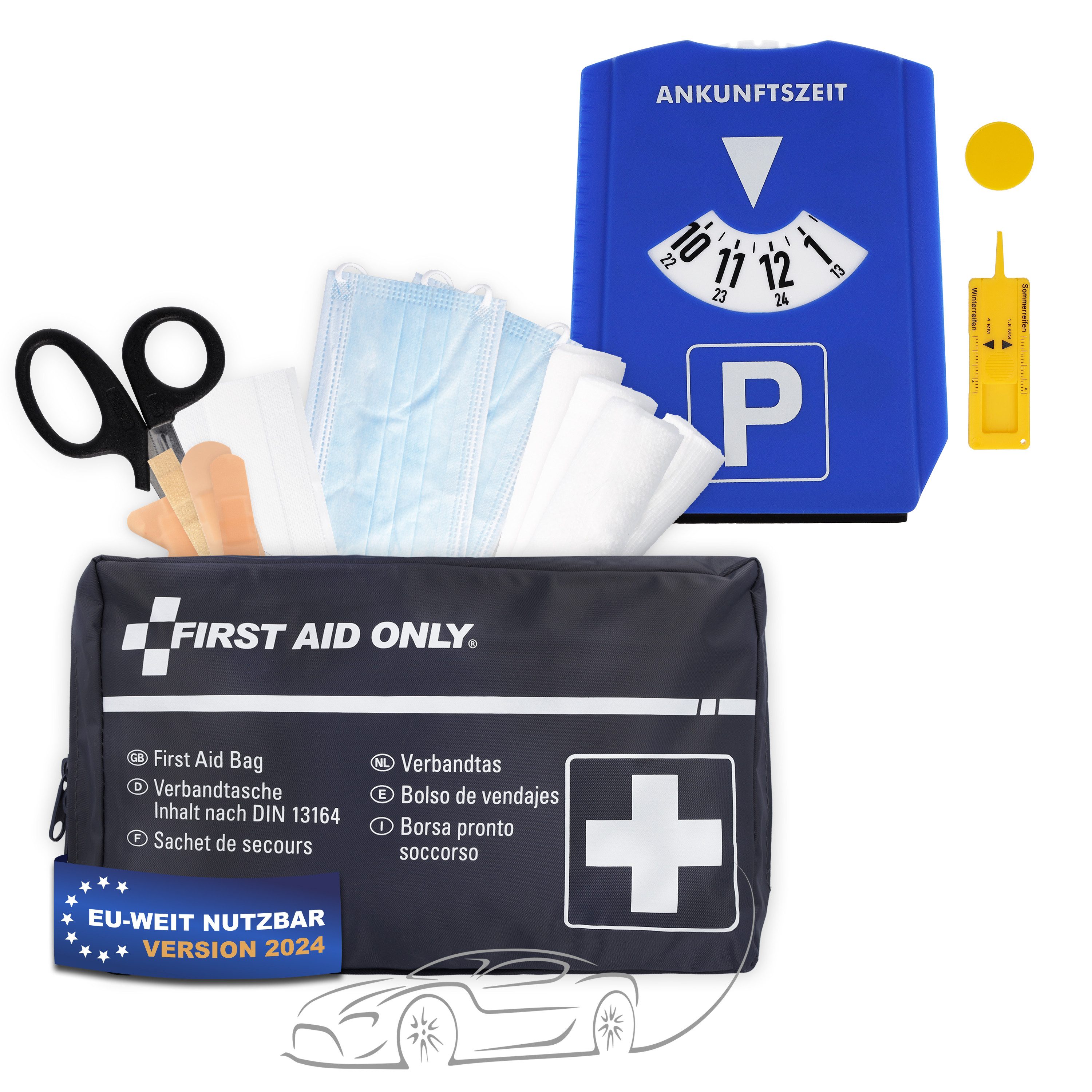 FIRST AID ONLY® KFZ-Verbandtasche Set DIN 13164 inkl. 5-in-1 Parkscheibe, Auto Verbandskasten, (Bundle), Notfalltasche für Auto und Motorrad