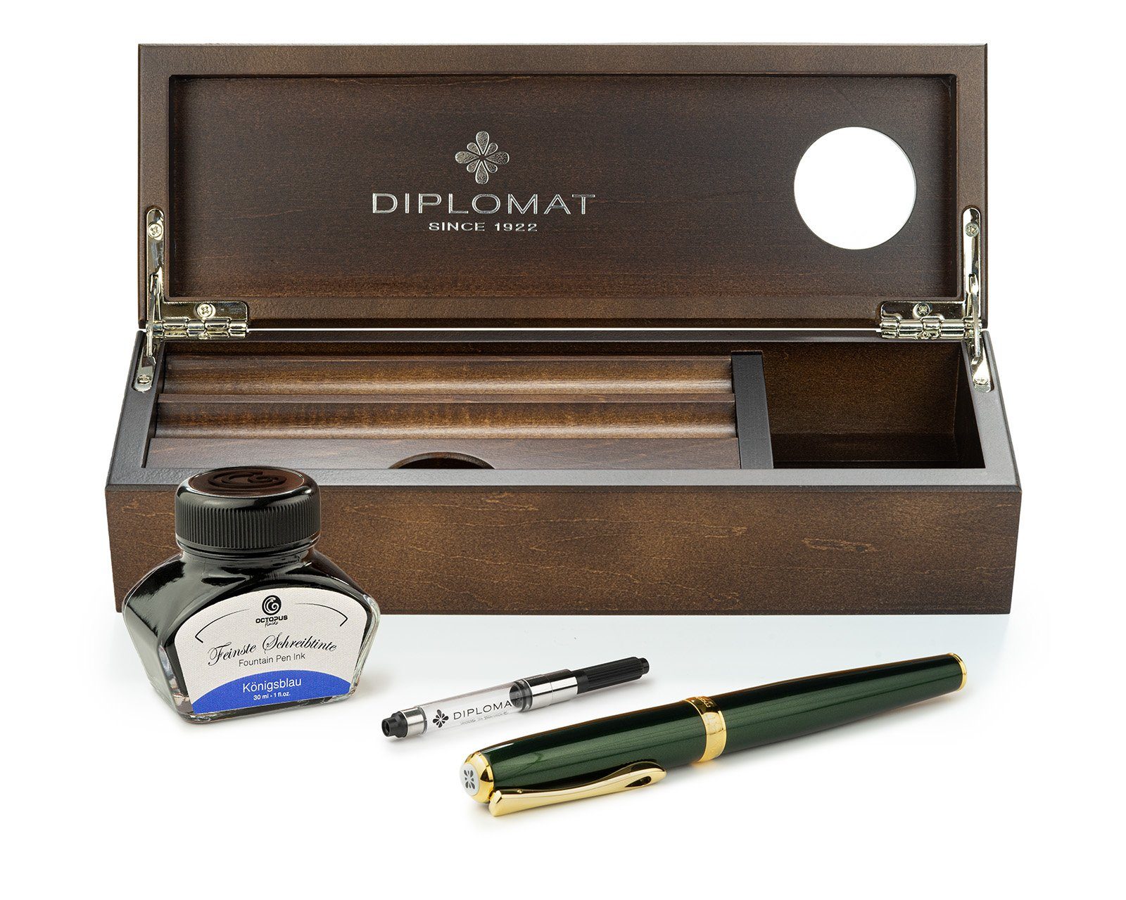 DIPLOMAT Füllhalter Füllhalter Diplomat Excellence A2 Evergreen vergoldet Wenge-Holz, (Komplett-Set mit Tintenkonverter, Schreibtinte Königsblau von Octopus Fluids und Wenge Holzetui), MADE IN GERMANY