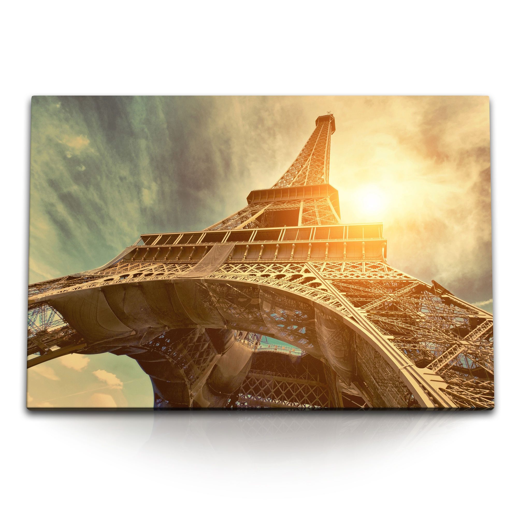 Sinus Art Leinwandbild 120x80cm Wandbild auf Leinwand Eiffelturm Paris Sonnenschein Himmel Fr, (1 St)
