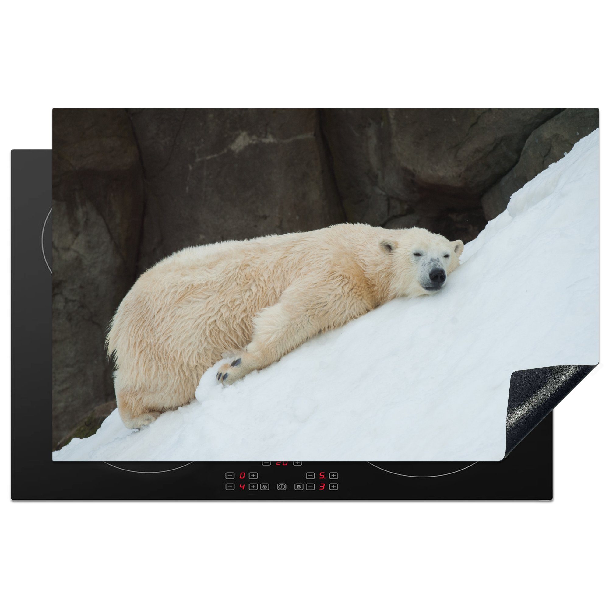 MuchoWow Herdblende-/Abdeckplatte Junger Eisbär schläft im Schnee, Vinyl, (1 tlg), 81x52 cm, Induktionskochfeld Schutz für die küche, Ceranfeldabdeckung