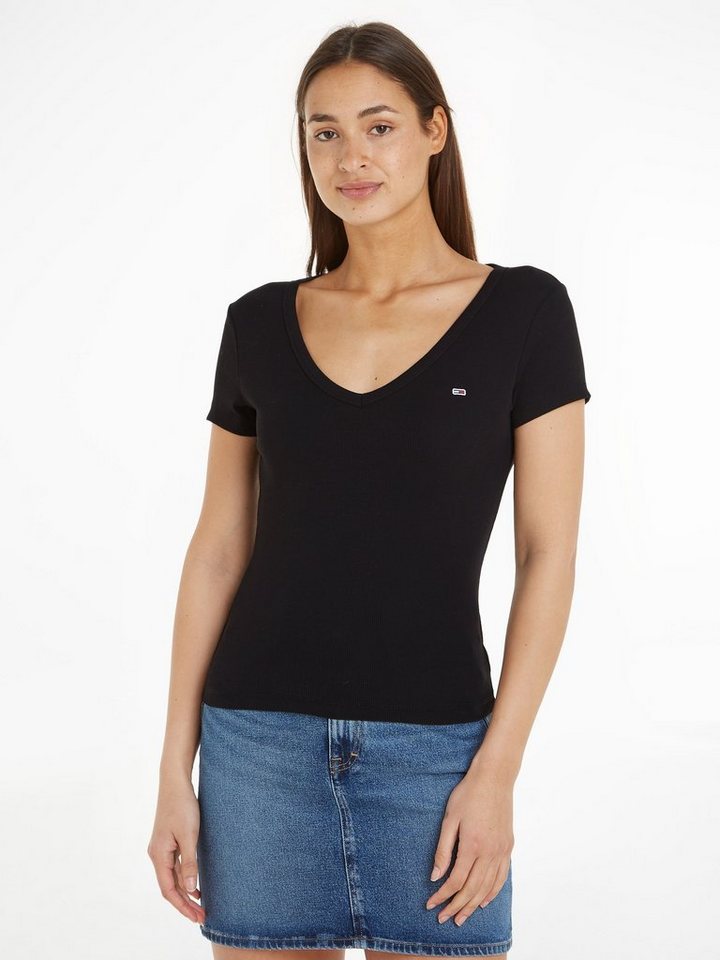 Tommy Jeans T-Shirt Slim Essential Rib V-Neck Rippshirt mit Logostickerei