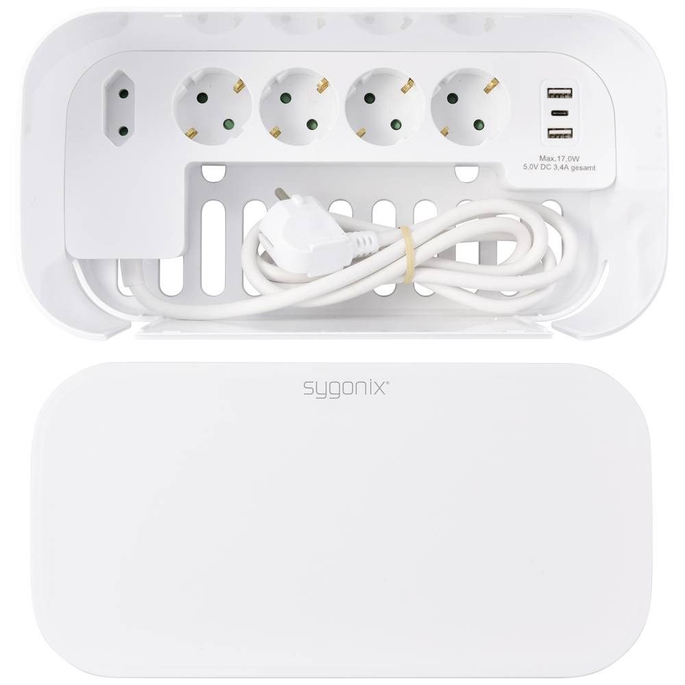 Sygonix Kabelbox WS mit 5fach Steckdosenleiste SY-6118238 Steckdosenleiste, erhöhter Berührungsschutz, mit USB, mit USB-C®
