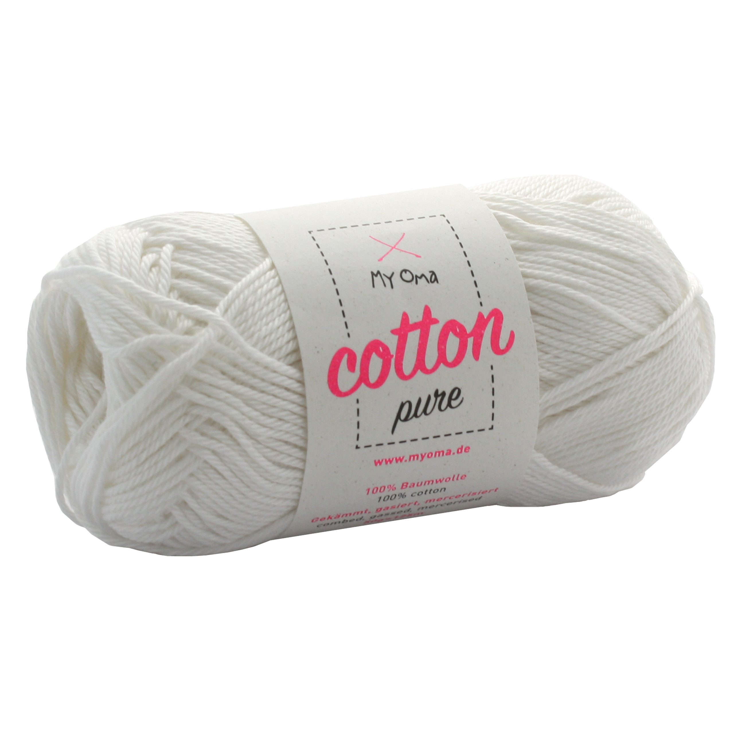 MyOma Baumwolle Cotton pure - Strick- und Häkelwolle, 125,00 m (50g, zum Stricken und Häkeln, Wolle zum Handarbeiten, reine Baumwolle), in 32 Farben, 50g, Lauflänge 125m; Nadelstärke: 2,2-3,5mm; 4-fädig