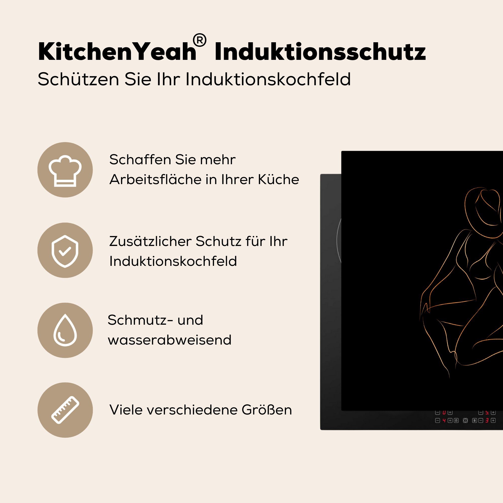 Hut - - Strichzeichnung, 59x52 MuchoWow Mond tlg), für - Induktionsmatte (1 Herdblende-/Abdeckplatte die küche, Vinyl, Ceranfeldabdeckung cm, Frau