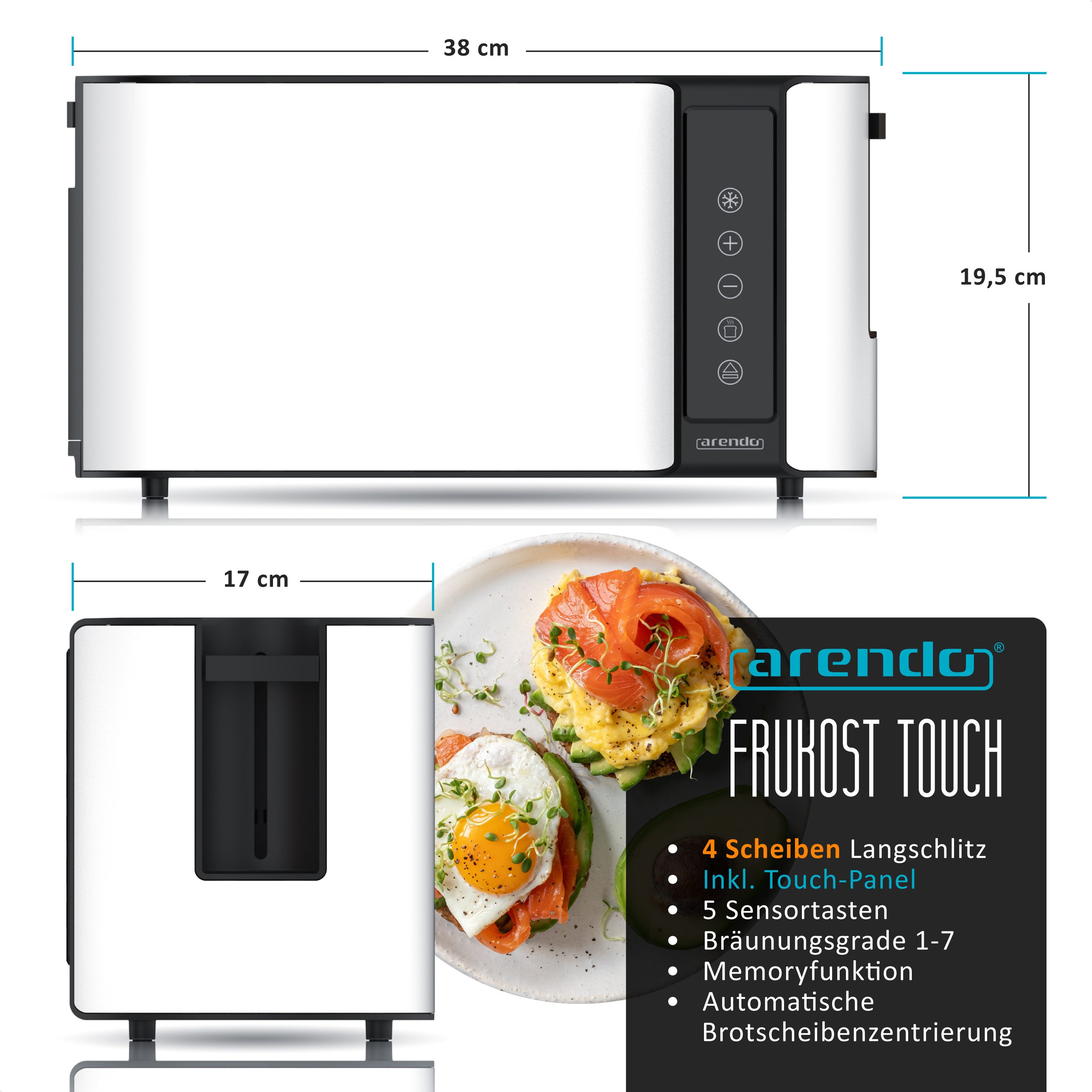 Arendo Toaster 4-Scheiben, Wärmeisoliertes Doppelwandgehäuse, Display Restzeitanzeige, 2 lange Schlitze, für 4 Scheiben, 1500 W, Langschlitz, Brötchenaufsatz, Brotscheibenzentrierung, Touchpanel