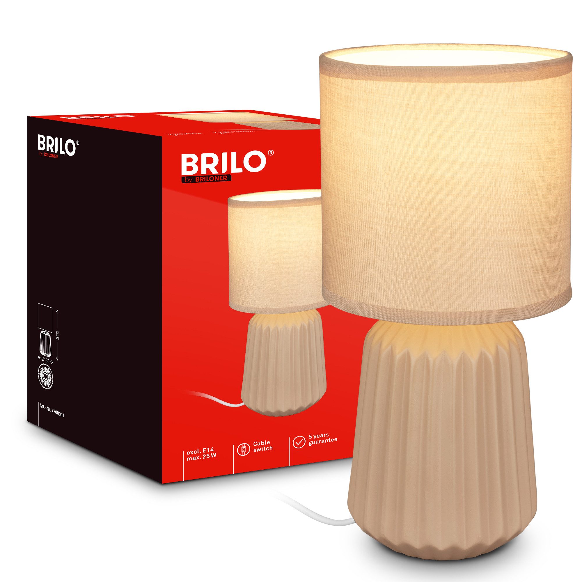 Briloner Leuchten LED Tischleuchte Tischlampe Keramik E14 Stoffschirm Kabelschalter Kommodenlampe, ohne Leuchtmittel, Abhängig vom Leuchtmittel, 13x27 cm, Schlafzimmer, Wohnzimmer, Flur