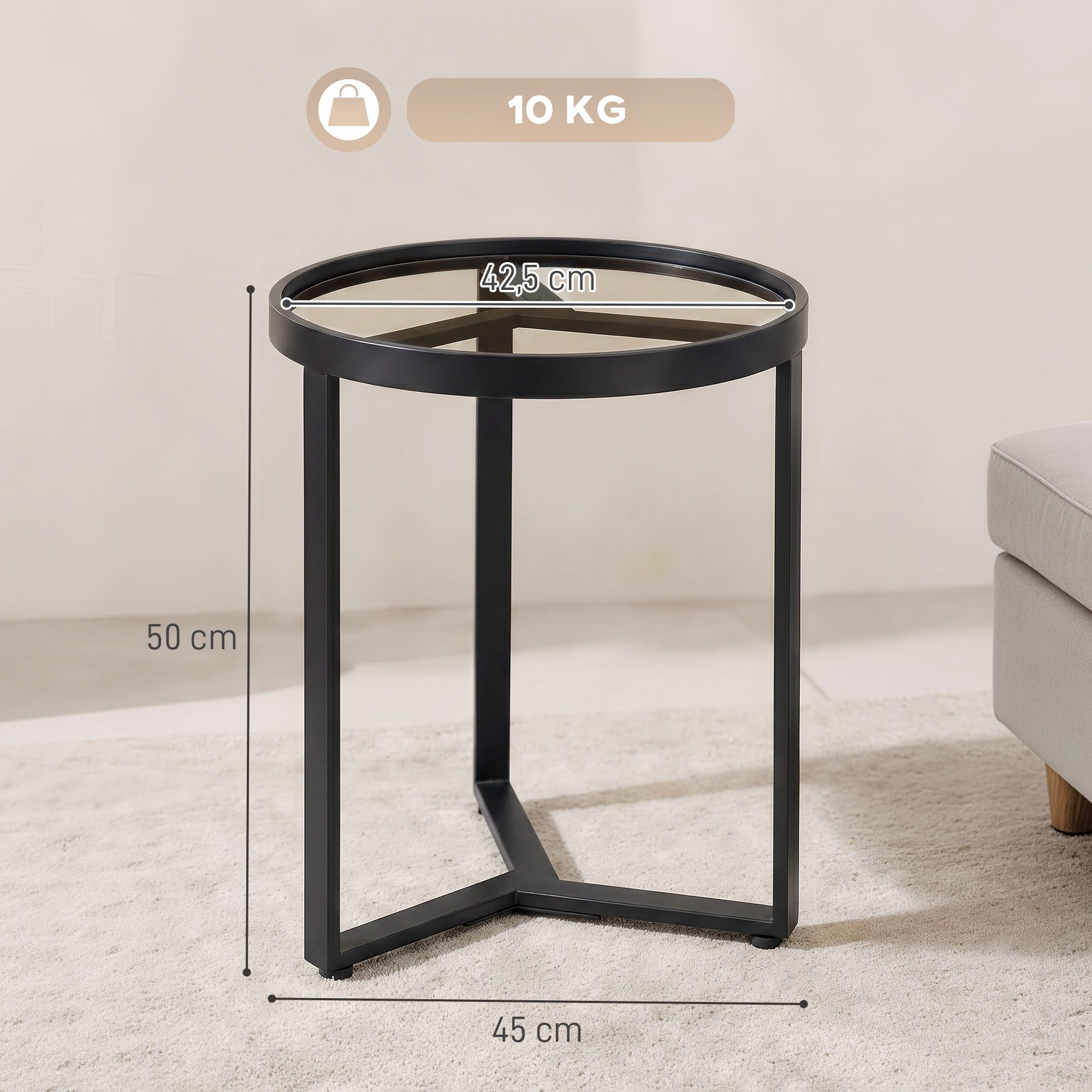 HOMCOM Beistelltisch (Set, 1-St., 1 Tisch), Kompakter, moderner Glastisch, ideal für kleine Räume