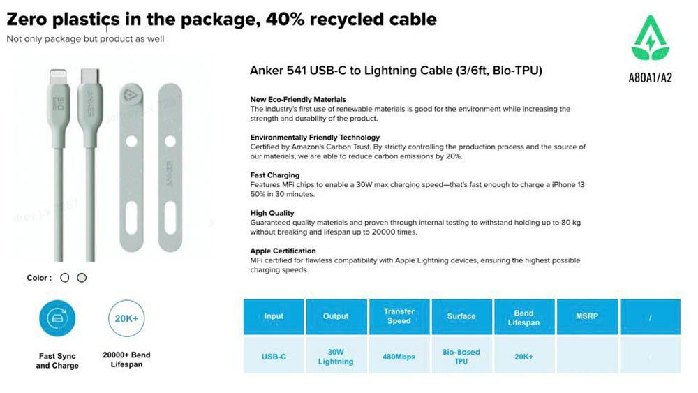 Anker 541 USB-C-auf-Lightning-Kabel mit pflanzlichen Materialien Smartphone-Kabel, Lightning, USB-C (180 cm)