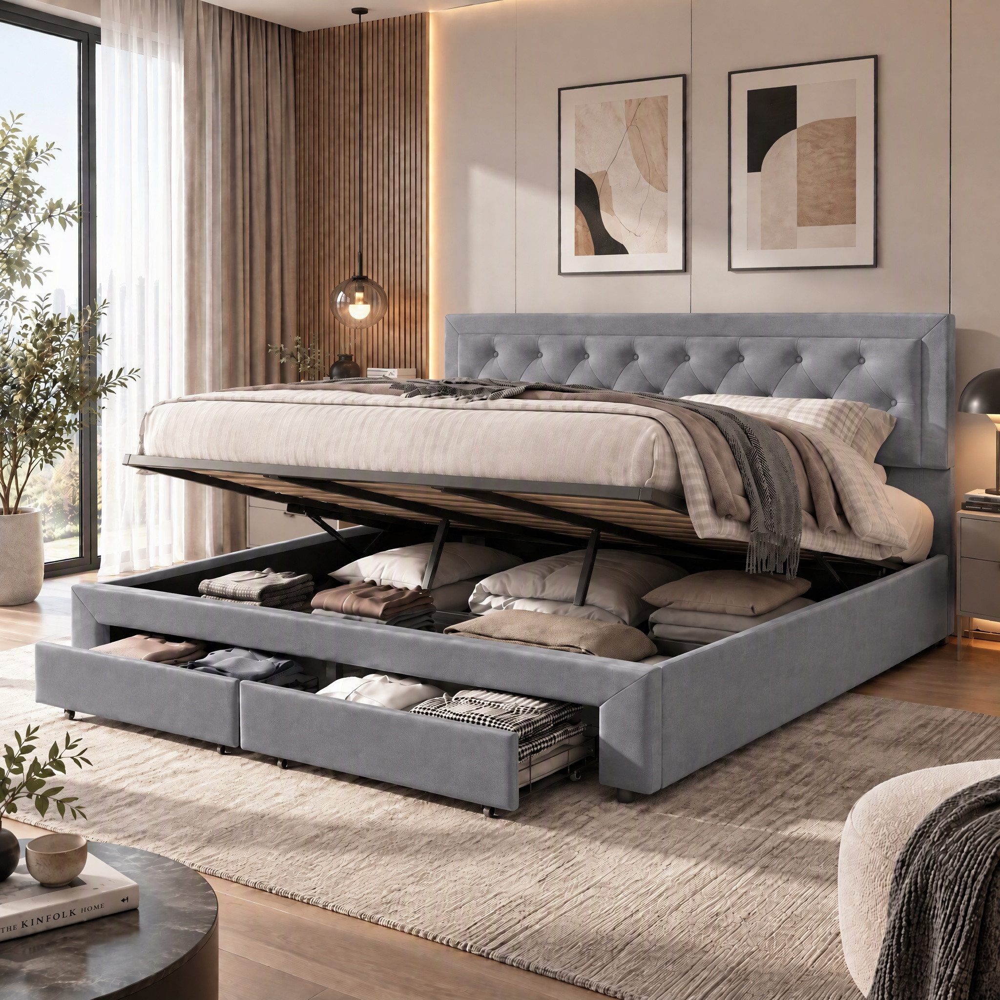 Furnishings Home Polsterbett 180 x 200 Doppelbett LED Hydraulisch anhebbarer Stauraumbett (Mit Lattenrost, Samtmaterial Polsterbett), Modernes Jugendbett, Leises Design Bett, Max. Belastbarkeit 350 kg