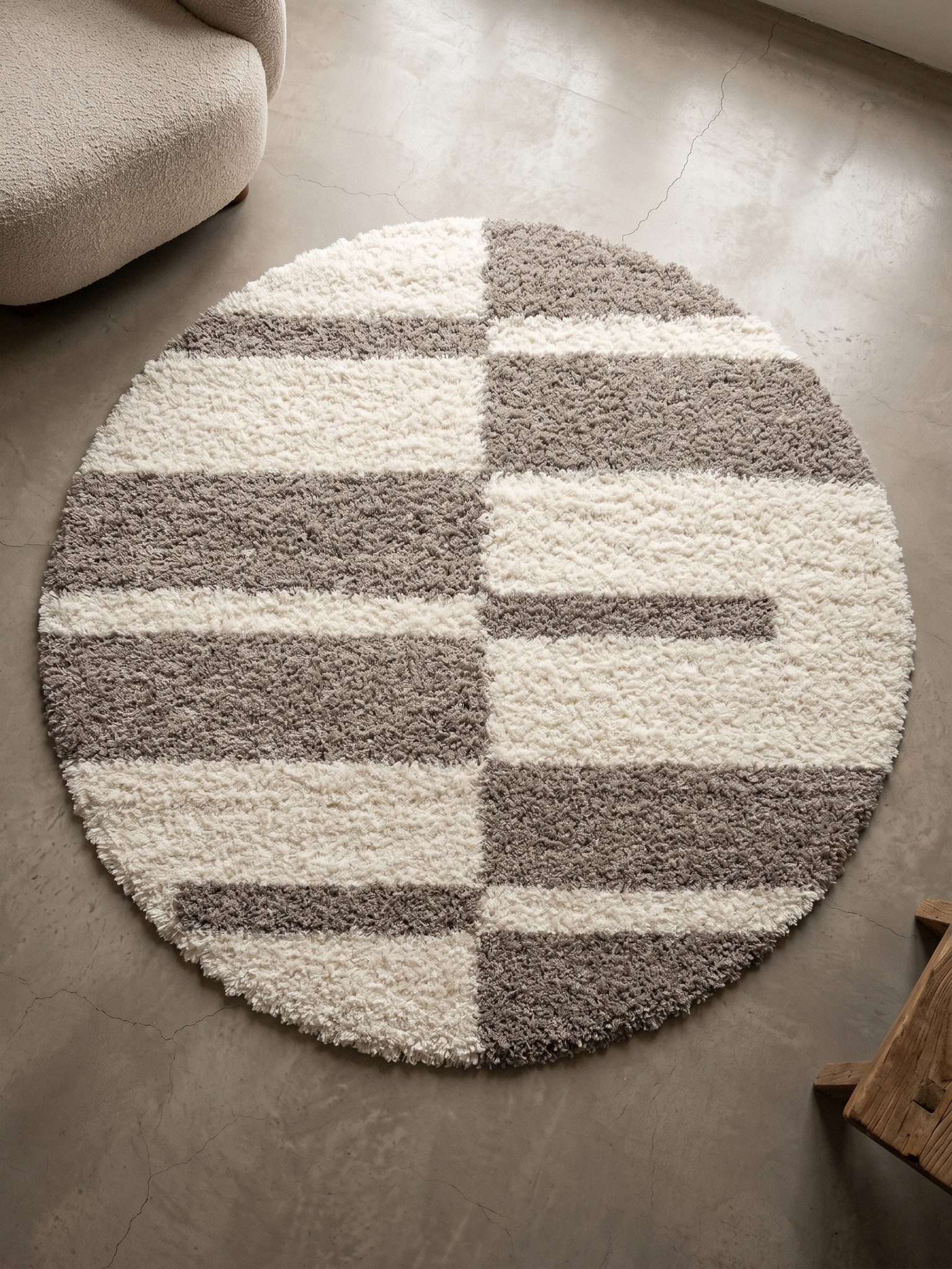 KADIMA DESIGN Teppich WERFEN Shaggy Langflor Wohnzimmer Schlafzimmer Waschbar Kariert, Rund, Höhe: 32 mm, Beige, 80x80 cm, Wohnzimmerteppich Strapazierfähig Fla – Bild 2 von 5