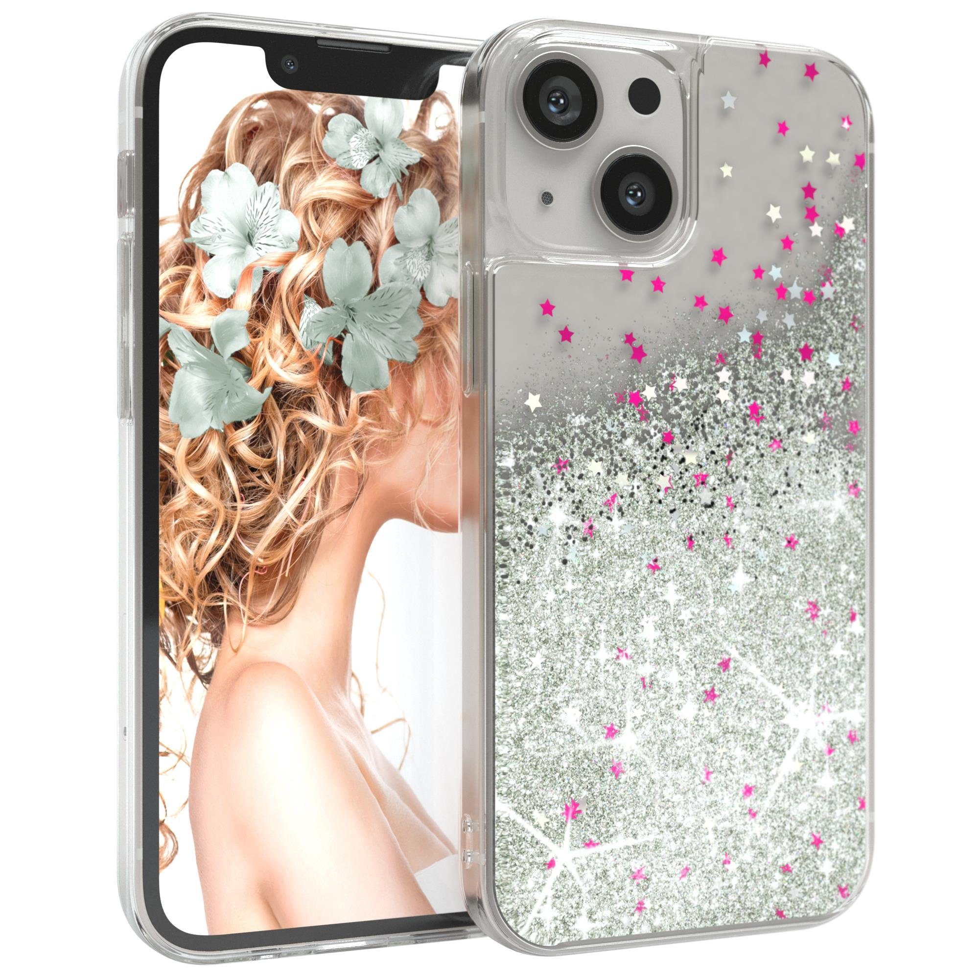 EAZY CASE Handyhülle Liquid Glittery Case für Apple iPhone 13 Mini 5,4 Zoll, Kratzfeste Silikonhülle stoßfestes Back Cover Phone Case Etui Silber