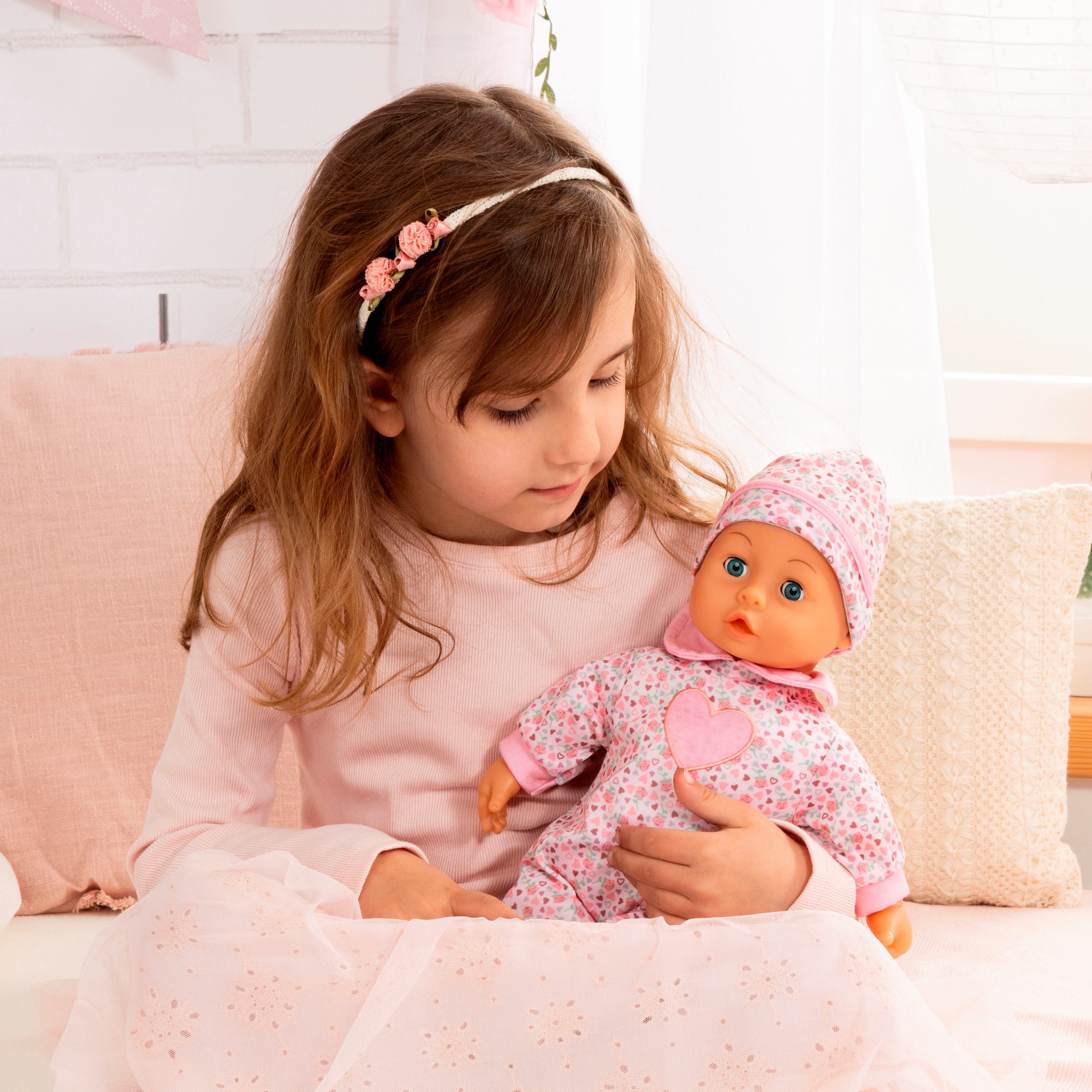 Bayer Babypuppe First Words Baby, 38 cm, Herzen rosa (3-tlg), mit Schlafaug günstig online kaufen
