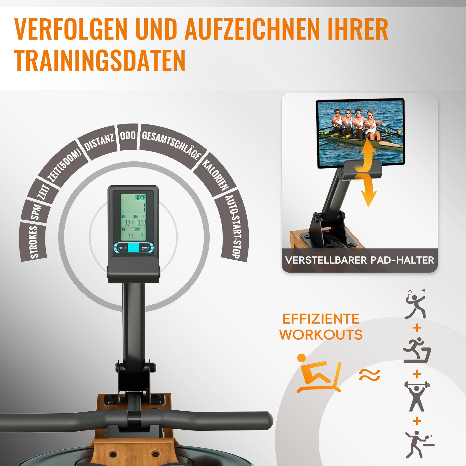 Advamsoler Rudergerät Hochwertiges Faltbares Wasserrudergerät aus Massivholz für Zuhause (1-tlg), Mit Professionellem Bluetooth-Monitor & Tablet-Halter