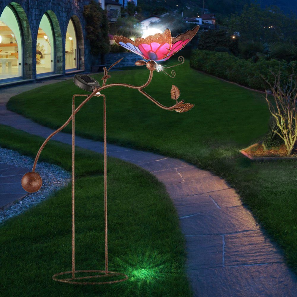 etc-shop Gartenleuchte, LED-Leuchtmittel fest Beleuchtung LED verbaut, Lampe Kaltweiß, Schmetterling Leuchte Außen Solar Design Steck