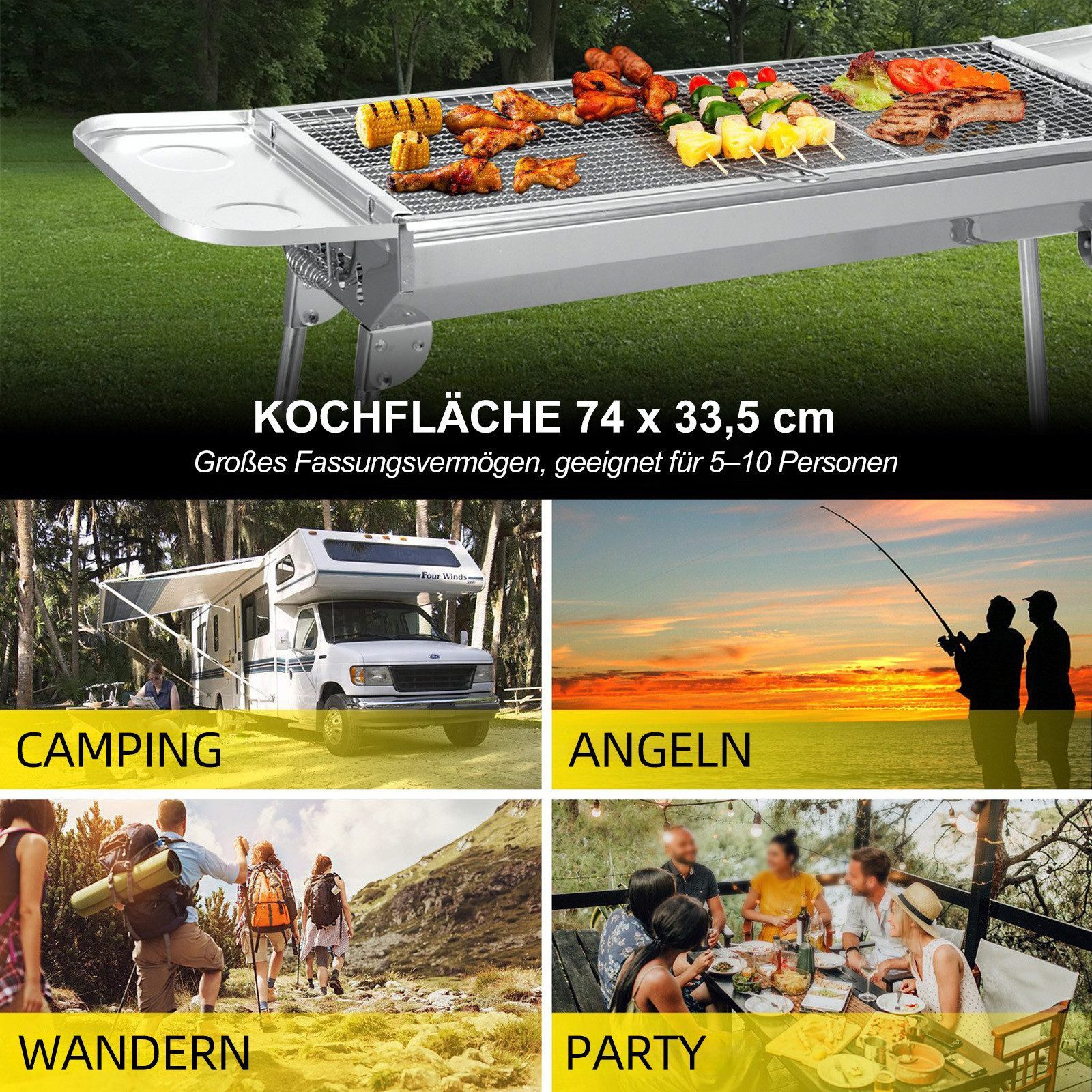 SunJas Holzkohlegrill CA-12 Edelstahl Holzkohlegrill mit Praktische Seitenablagen, BBQ Grill,Standgrill,compinggrill, Größe:110*33.5*71.5cm, Tragbarer Klappgril – Bild 4 von 5