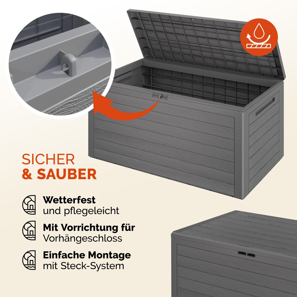 Casaria Auflagenbox Woody (1 St), 280L UV-beständig Griffmulden Verschließbar Balkon Holz-Optik Grau