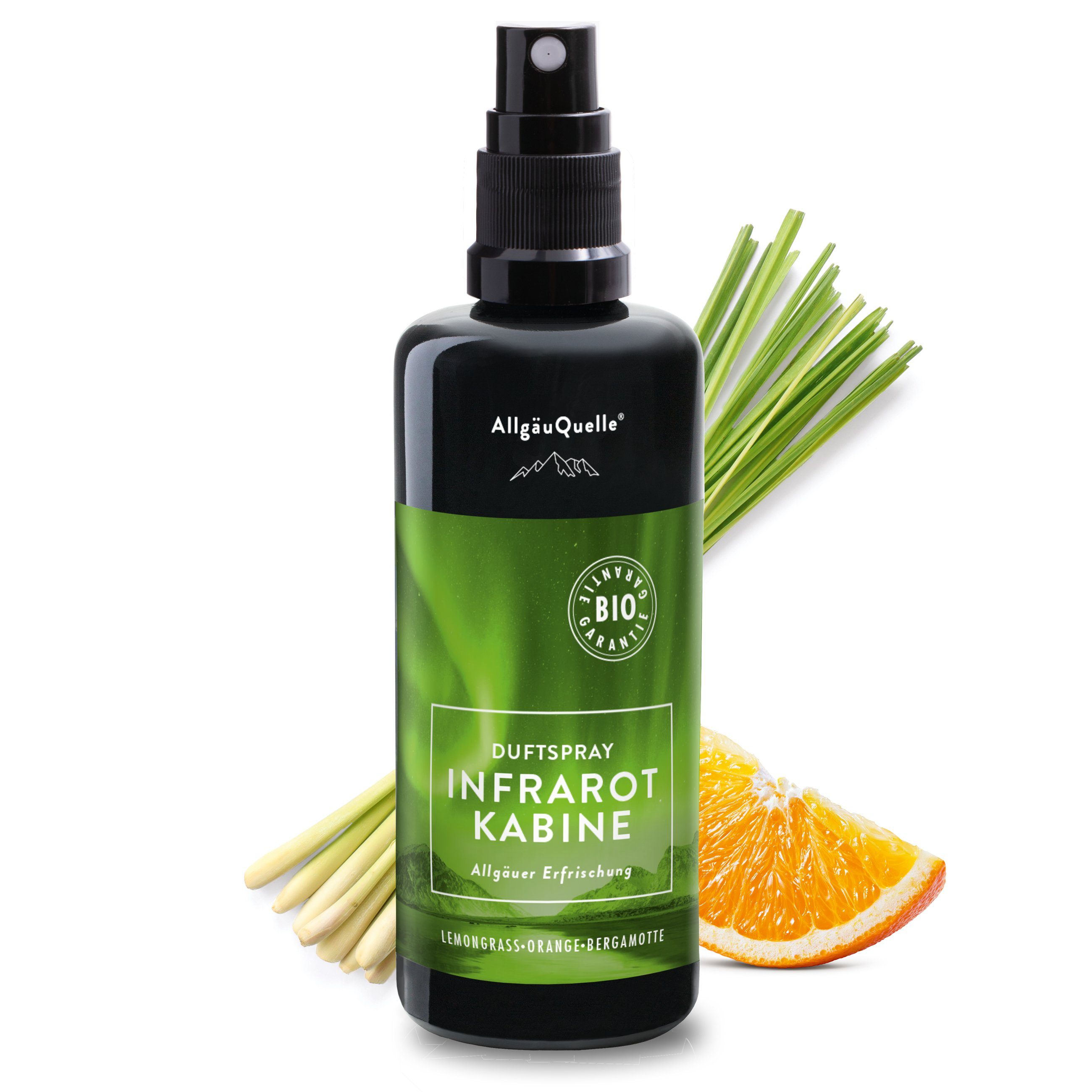 Allgäuquelle Raumduft Bio Infrarotkabinen-Spray Allgäuer Erfrischung Raumduft (1 x 100ml), mit Lemongrass, Orange und Bergamotte