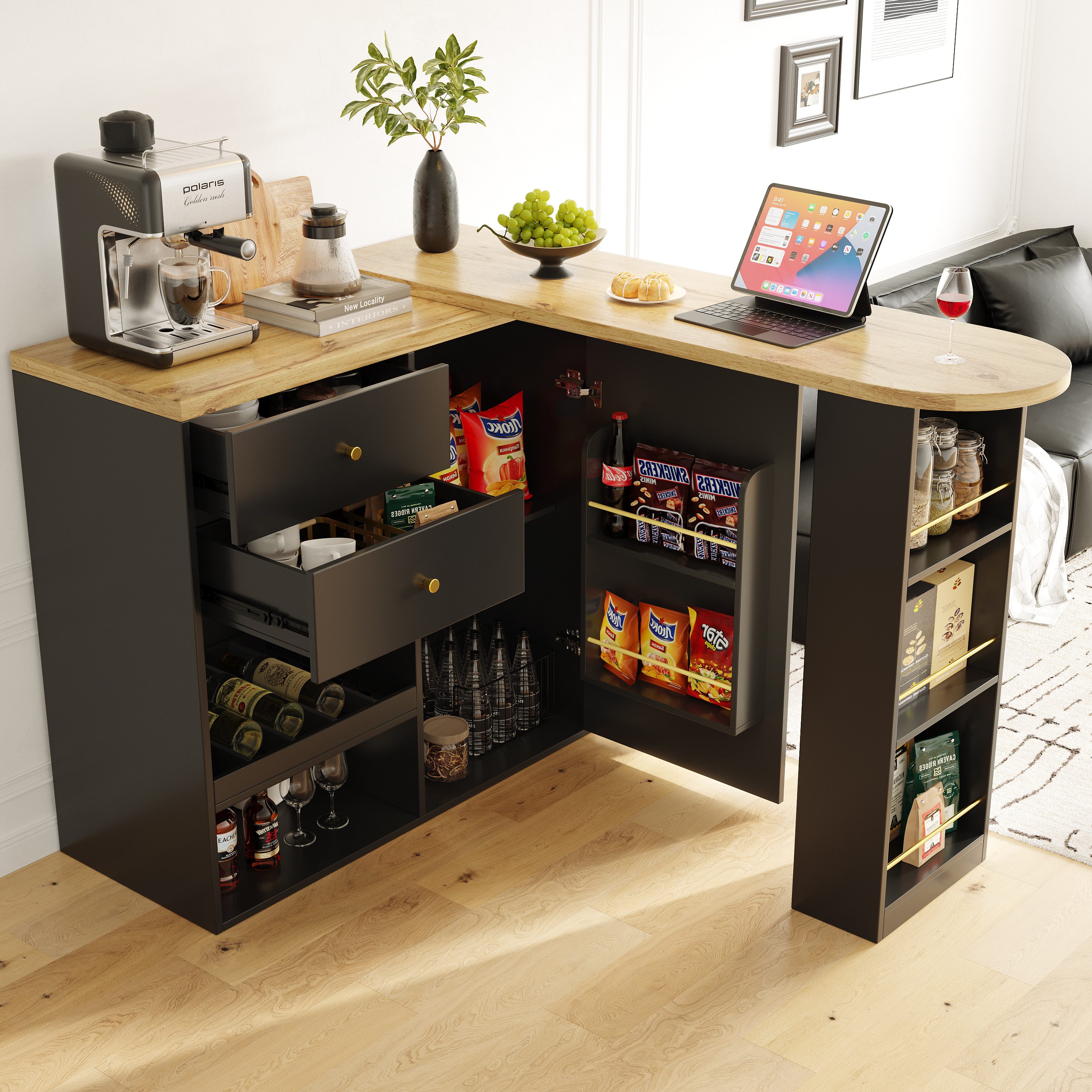 IDEASY Bartisch 138 cm – 105 x 39 x 102 cm, Ausziehbarer Esstisch mit Stauraum (Um 360° drehbare Moderner Stehtisch mit Schubladen und offenen Regalen), Bistrotisch für Küche, Wohnzimmer, Esszimmer