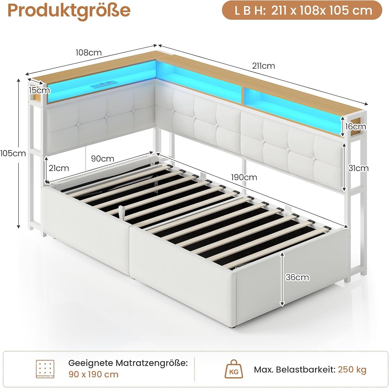MSMASK Polsterbett Daybett, Jugendbett mit LED-Beleuchtung, Ladefunktion, Zweistöckiges Ablagefach