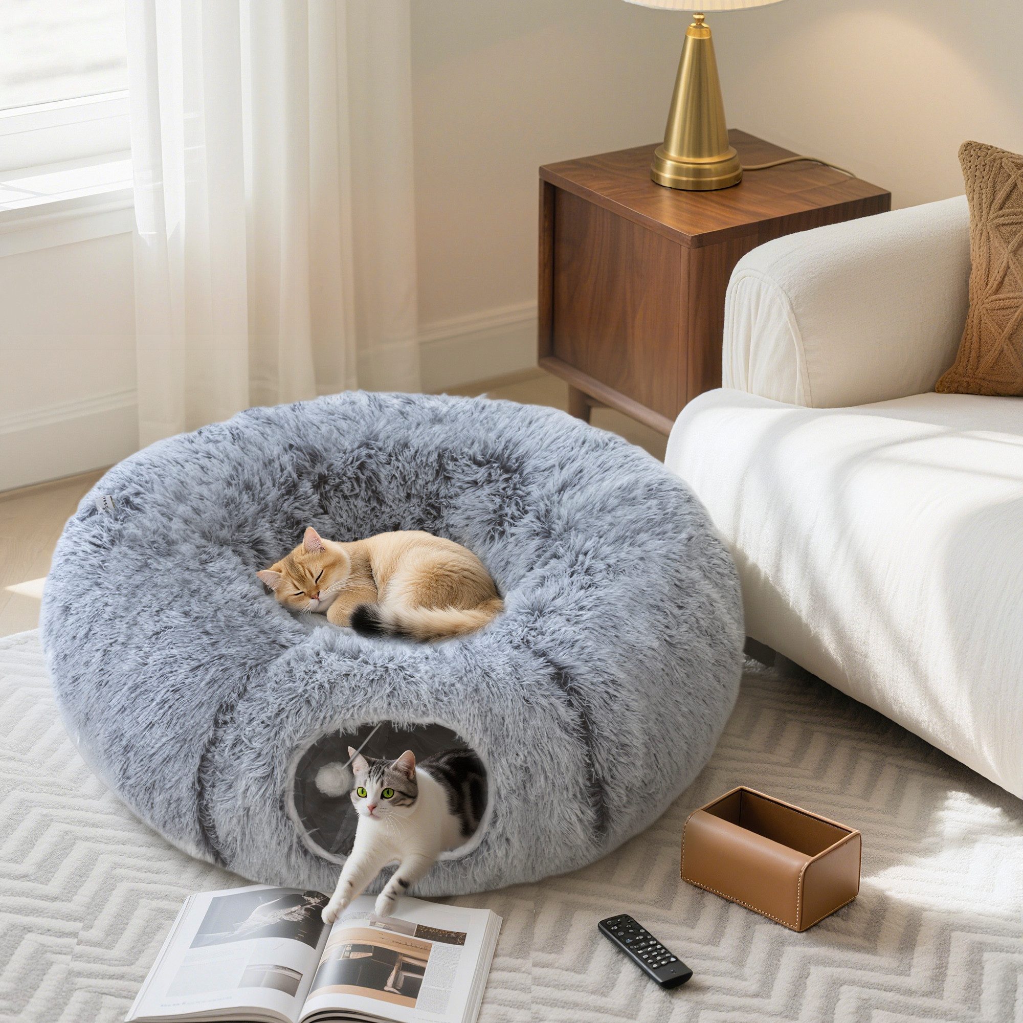PawHut Tiertunnel Katzenspielzeug mit Spielball, Katzenhöhle, Polyester, Metall, mit 2 Tunneln, Katzenbett, für Katzen unter 5 kg, Hellgrau