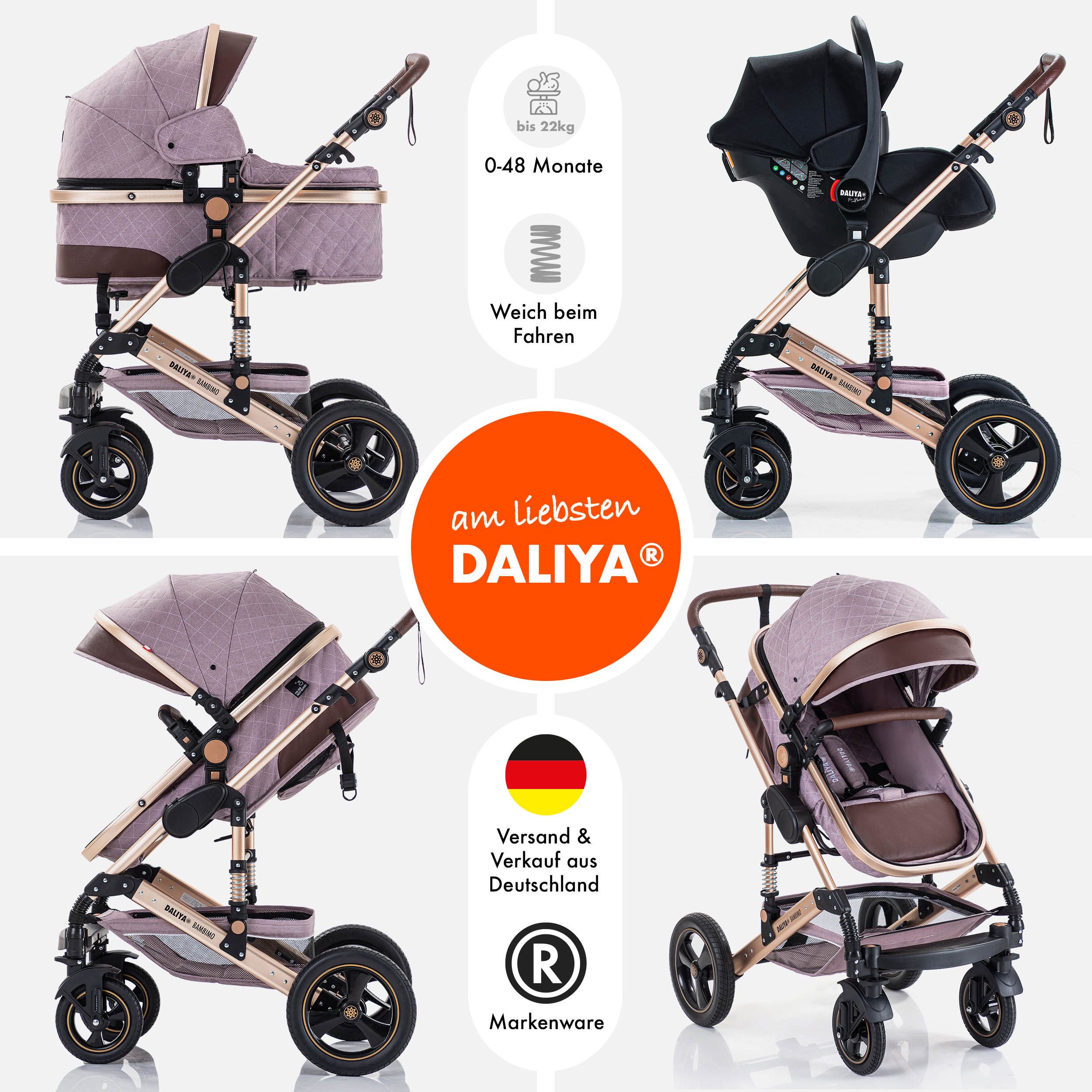 Daliya® Kombi-Kinderwagen BAMBIMO 3in1 Kinderwagen & Buggy mit Auto-Babyschale und Adapter, (XXL-Set inkl. Wickeltasche und Spieltisch, 15-tlg), Babyschale, Airless-Räder, Federung, weiche Matratze, Belüftungssystem